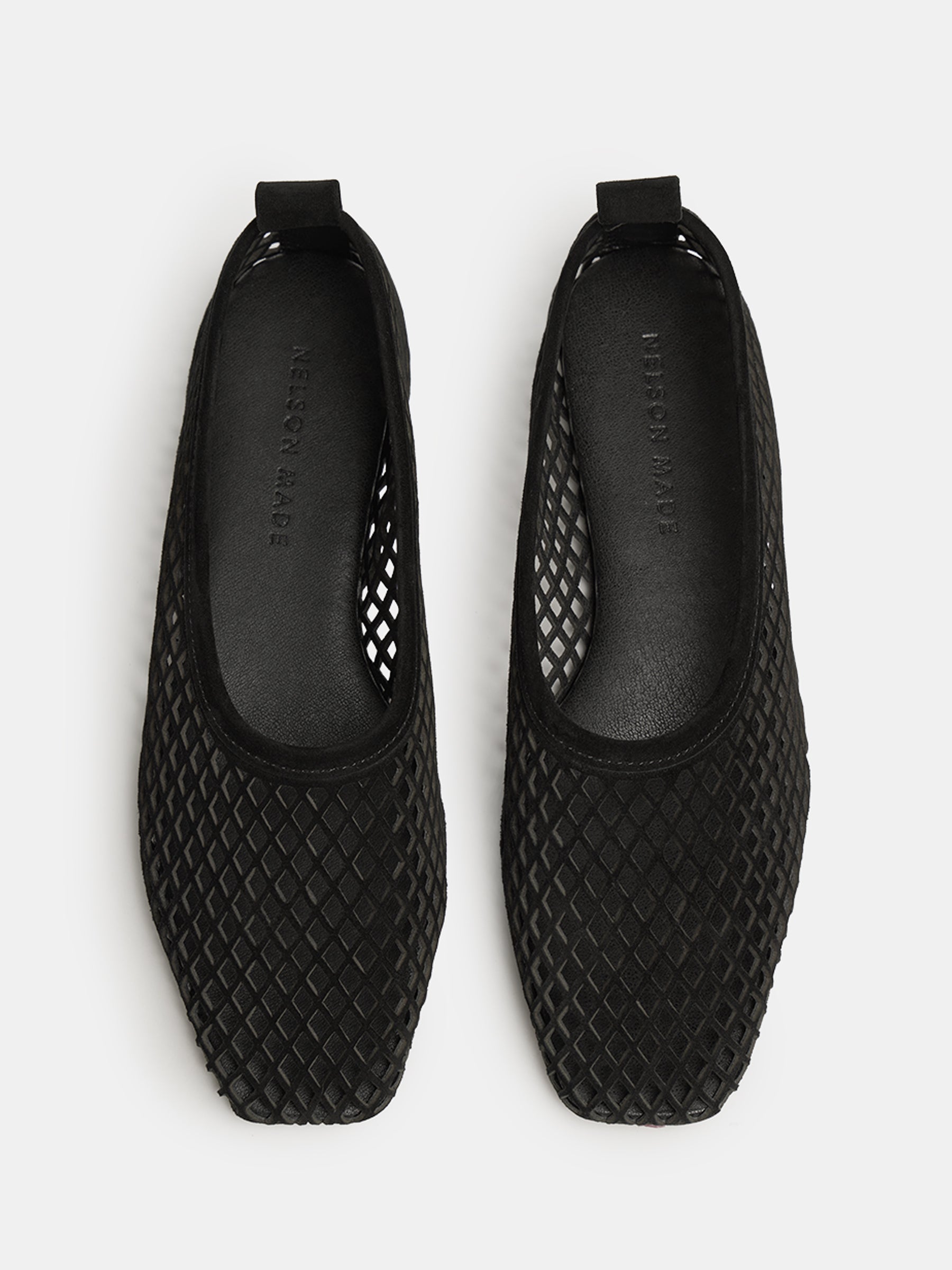 Nelson Made | Lou Perforated Flat in Black Suede | The UNDONE