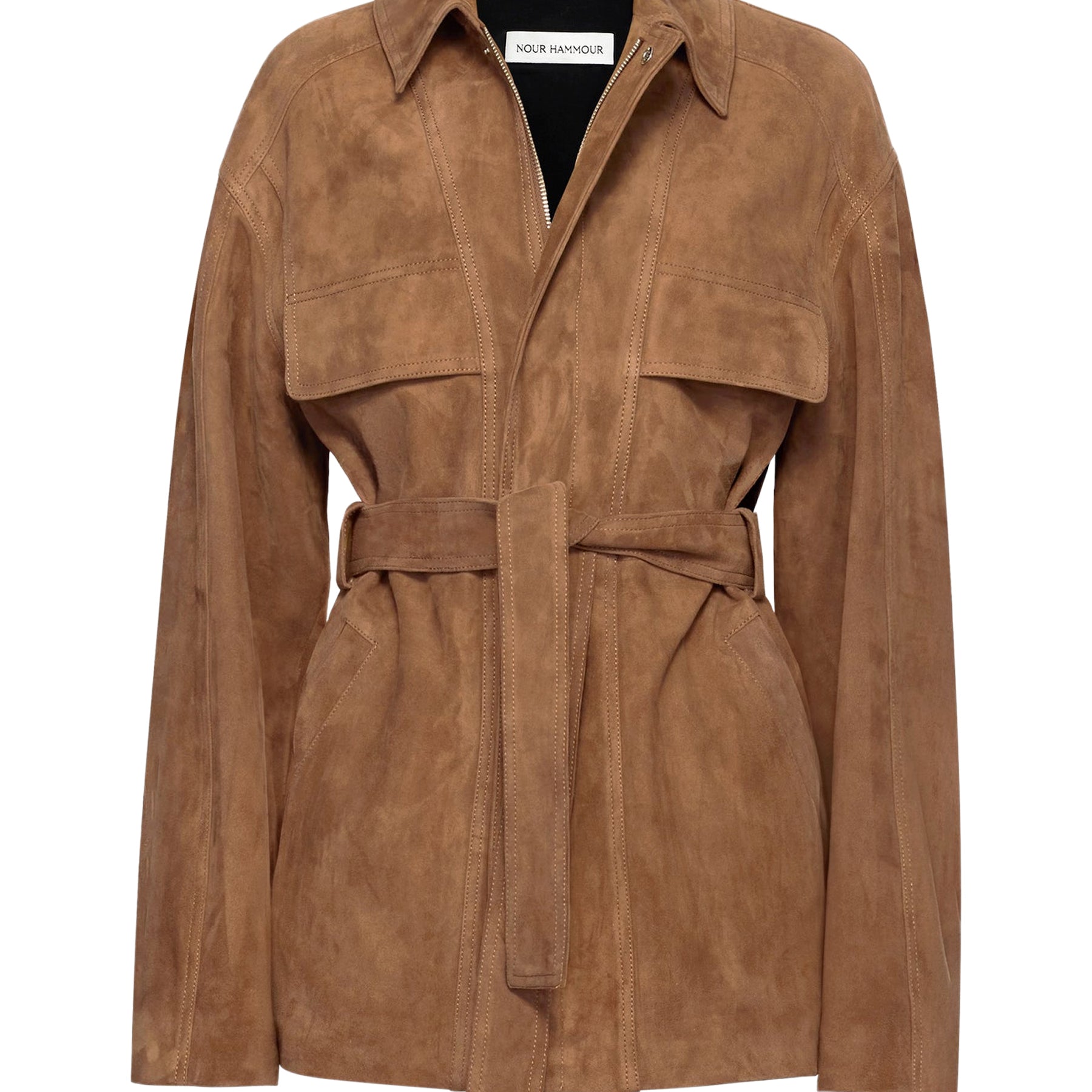 Nour Hammour | Zakary Belted Suede Jacket in Tan Tobacco | The UNDONE