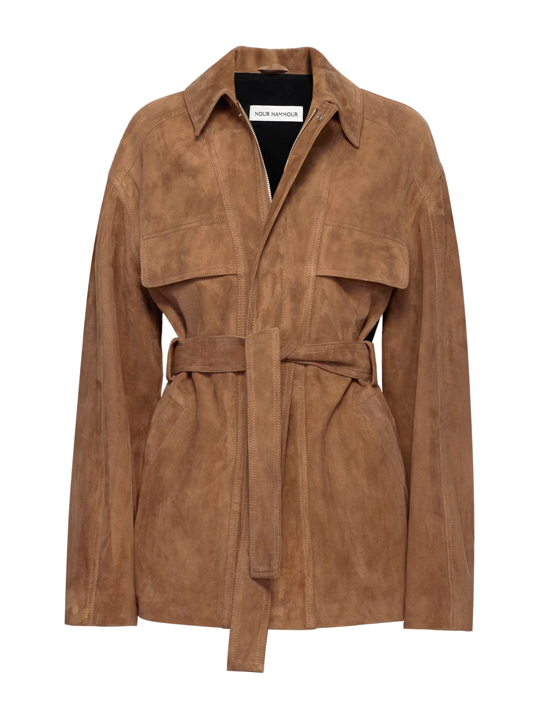 Nour Hammour | Zakary Belted Suede Jacket in Tan Tobacco | The UNDONE