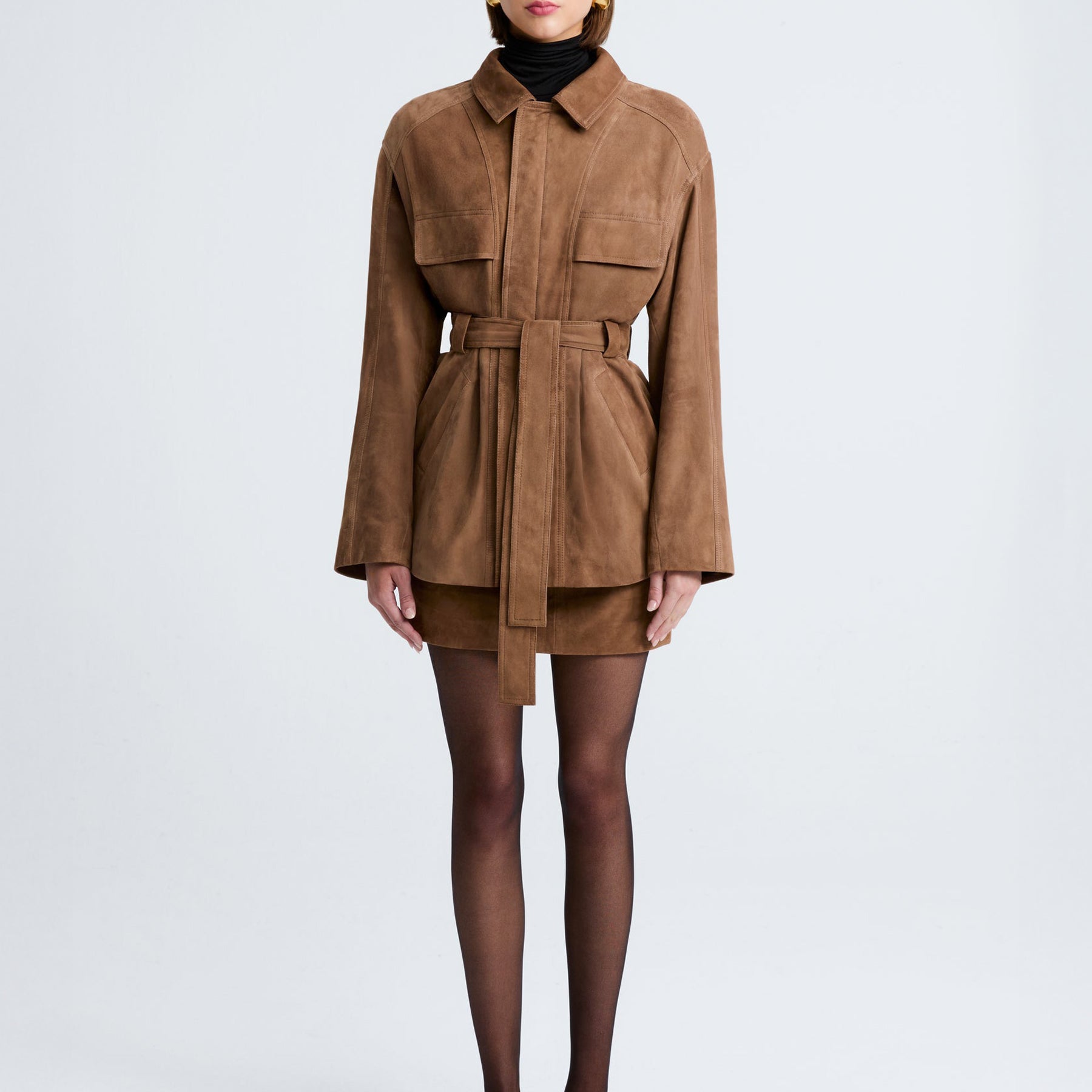 Nour Hammour | Zakary Belted Suede Jacket in Tan Tobacco | The UNDONE