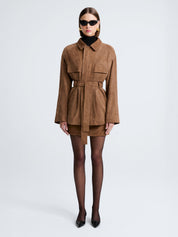 Nour Hammour | Zakary Belted Suede Jacket in Tan Tobacco | The UNDONE