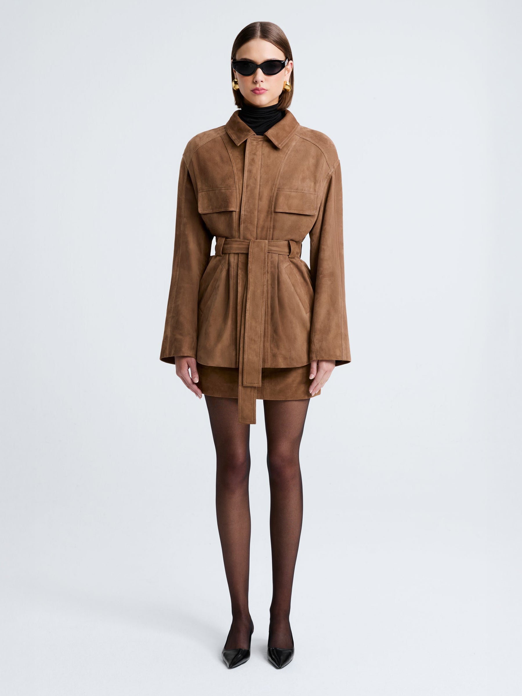Nour Hammour | Zakary Belted Suede Jacket in Tan Tobacco | The UNDONE