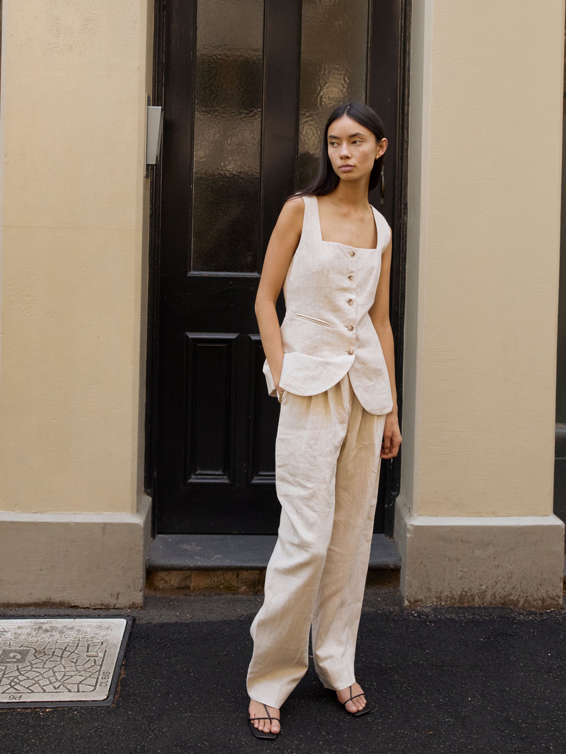 POSSE | Lucille Trouser in Beige Pinstripe | The UNDONE