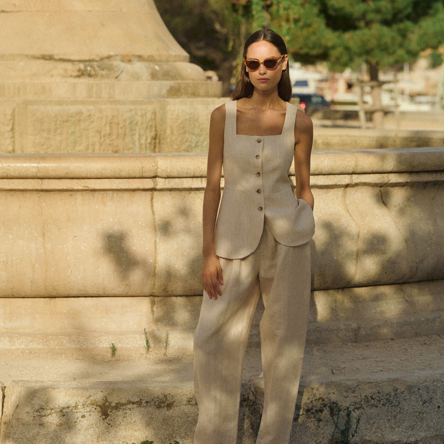 POSSE | Lucille Trouser in Beige Pinstripe | The UNDONE