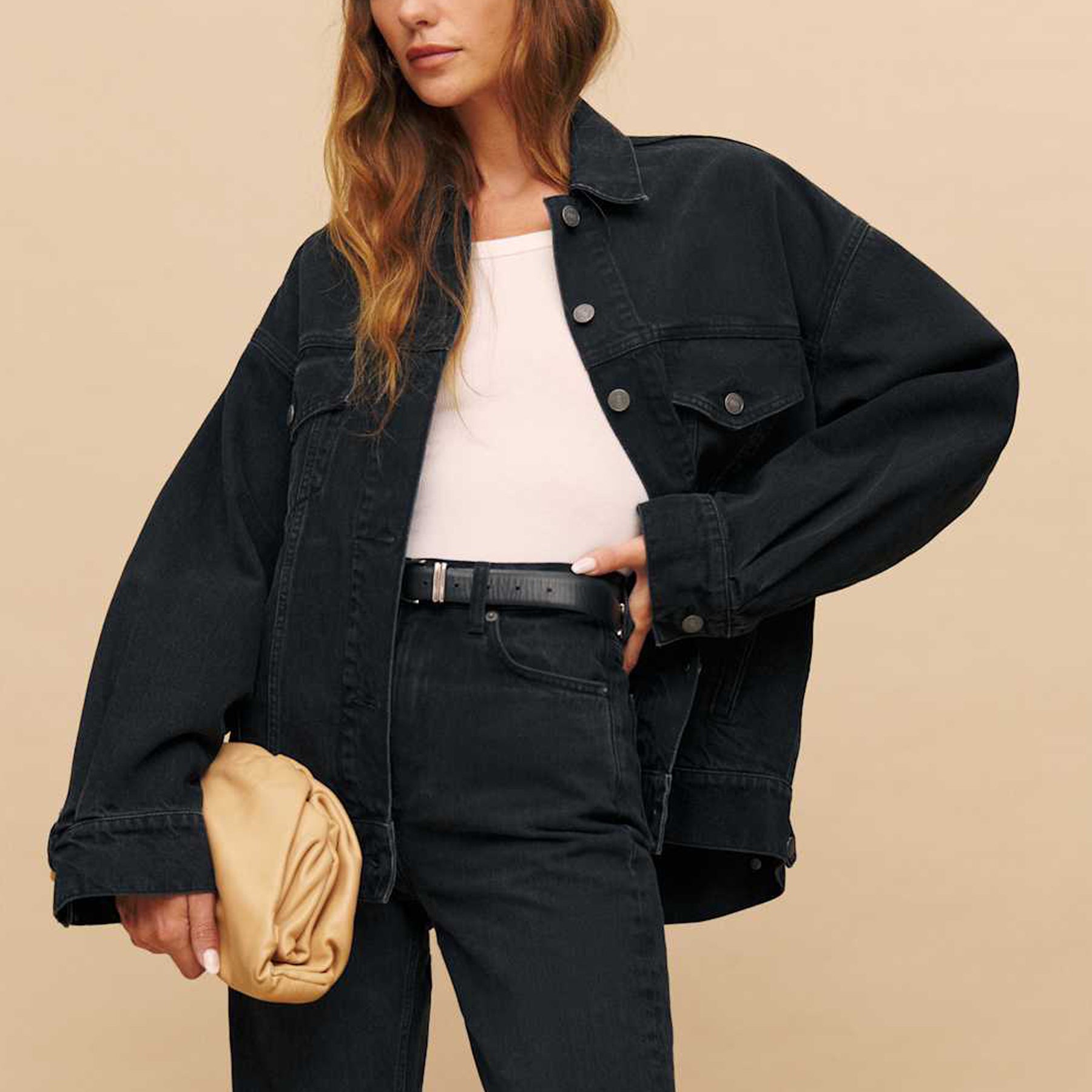 Reformation | Brooks Oversized Denim Jacket in Black Turano | The UNDONE
