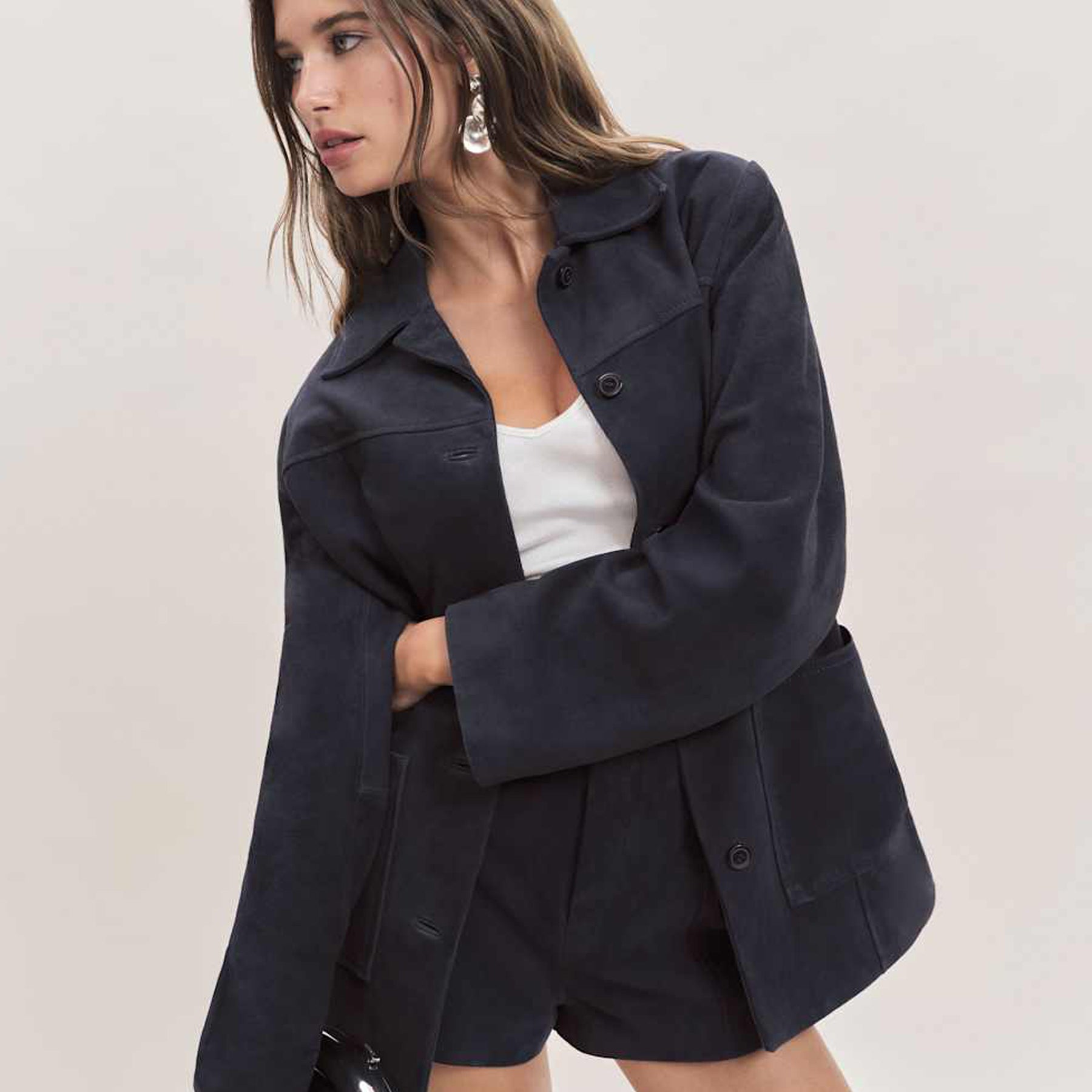 Reformation | Veda Lincoln Suede Shirt Jacket in Navy Suede | The UNDONE