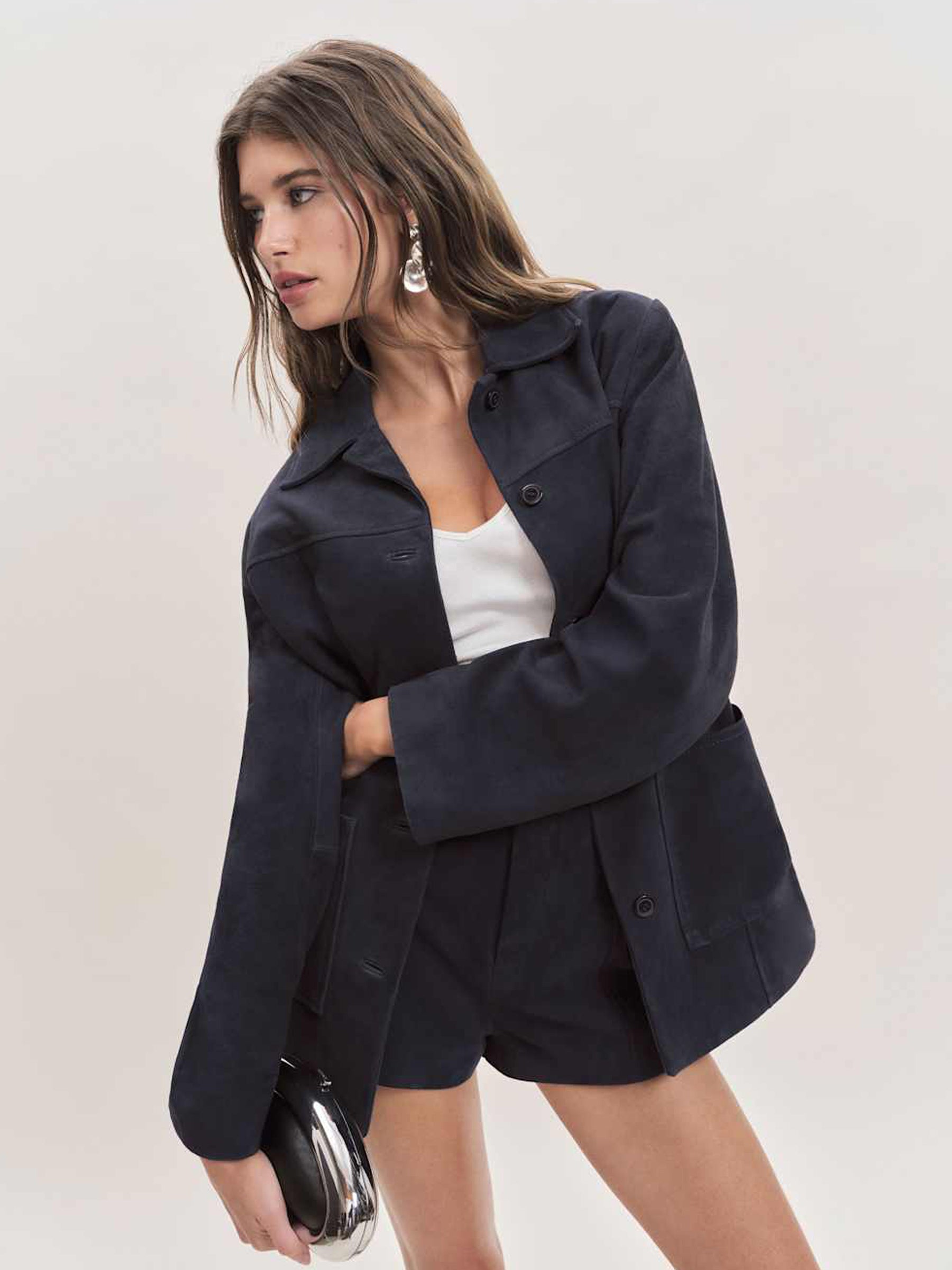 Reformation | Veda Lincoln Suede Shirt Jacket in Navy Suede | The UNDONE