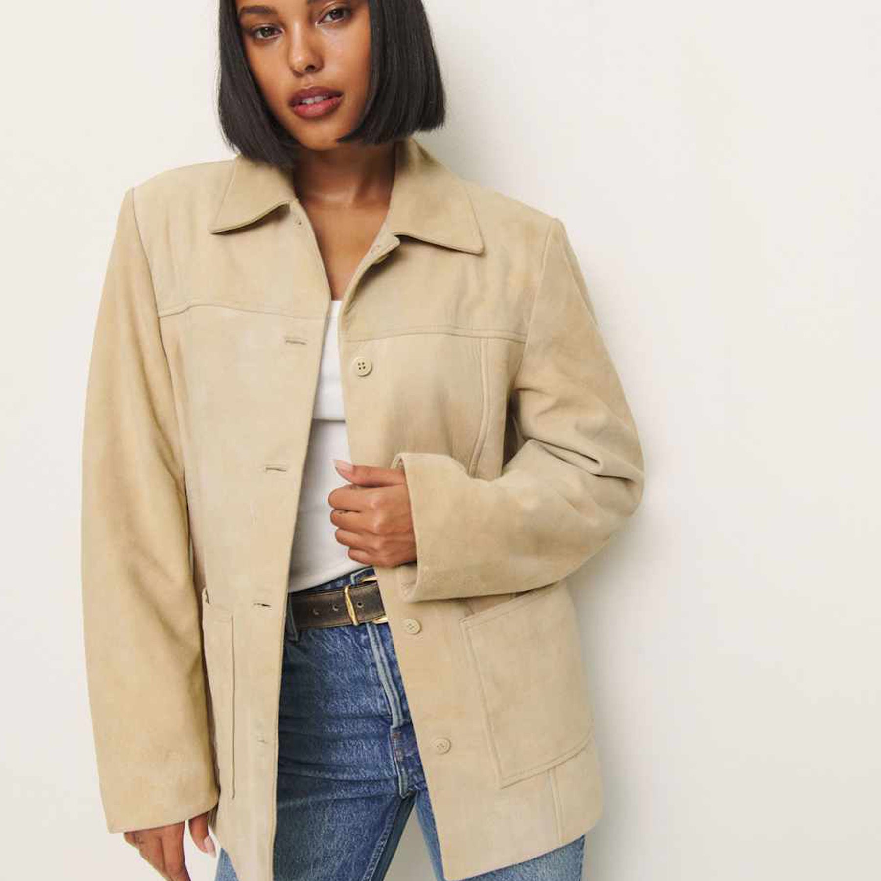 Reformation | Veda Lincoln Suede Shirt Jacket in Oat Distressed | The UNDONE