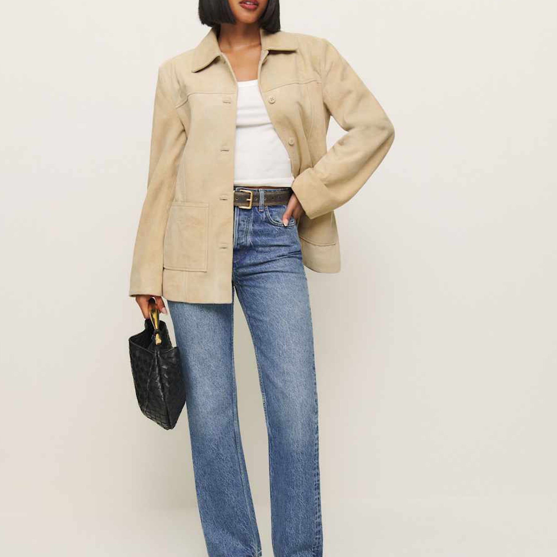 Reformation | Veda Lincoln Suede Shirt Jacket in Oat Distressed | The UNDONE
