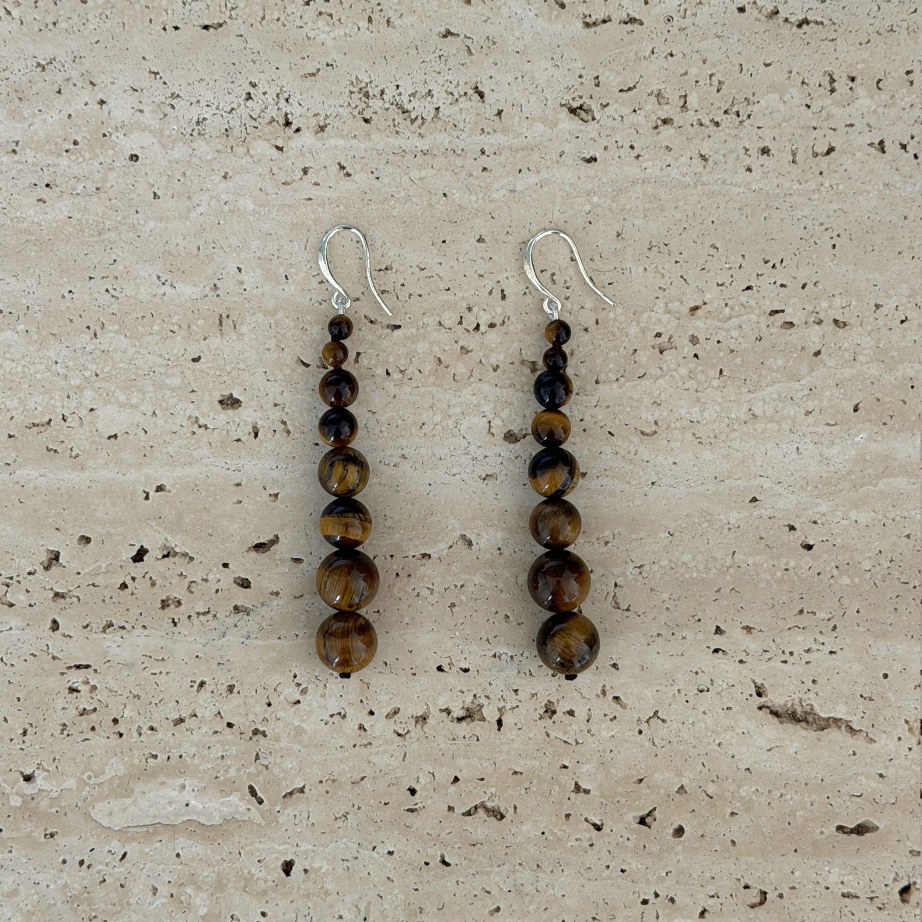 Long drop Beaded Earrings in natural Tigers Eye with sterling silver hook