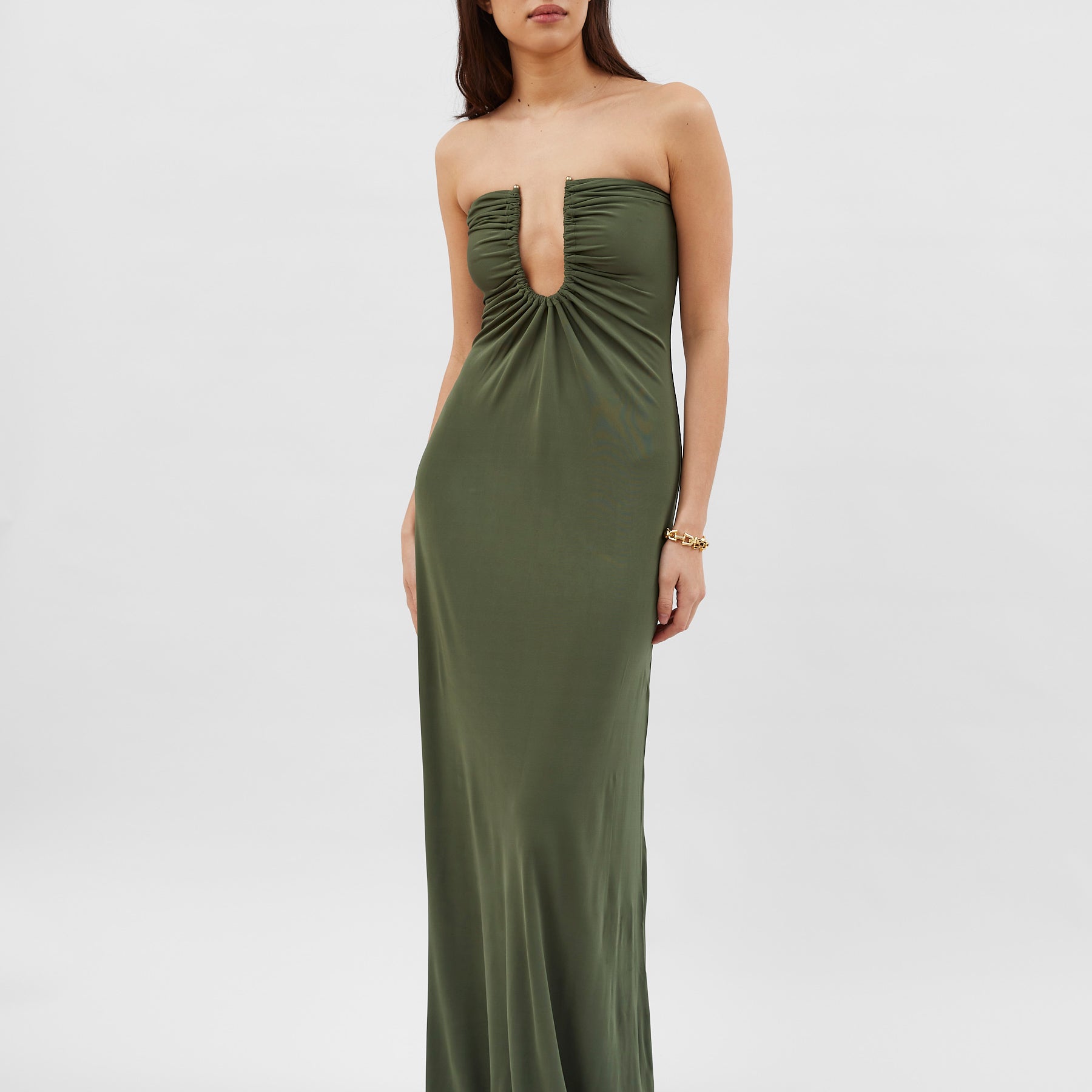 Christopher Esber | Arced Palm Strapless Dress Bottle Green  | The UNDONE