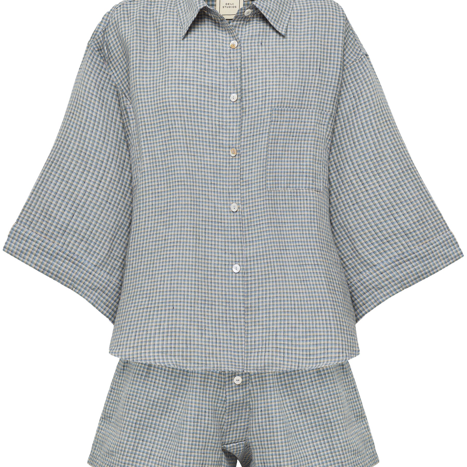 Deiji Studios | 03 Linen Loungewear Set Blue Field Check | The UNDONE