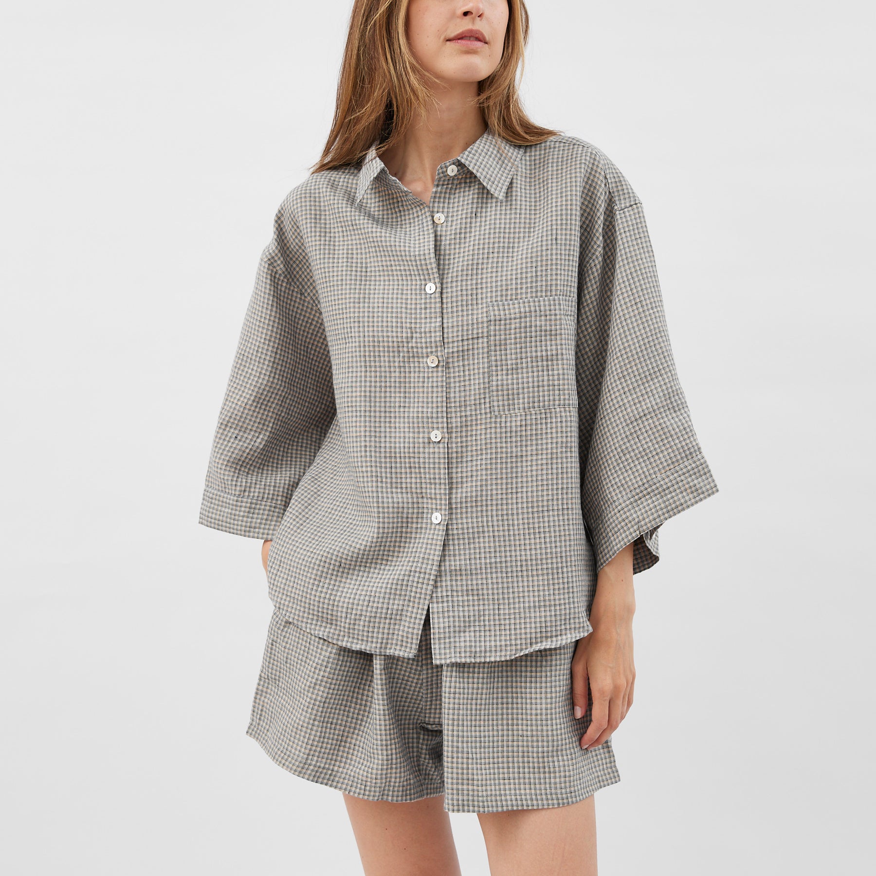 Deiji Studios | 03 Linen Loungewear Set Blue Field Check | The UNDONE