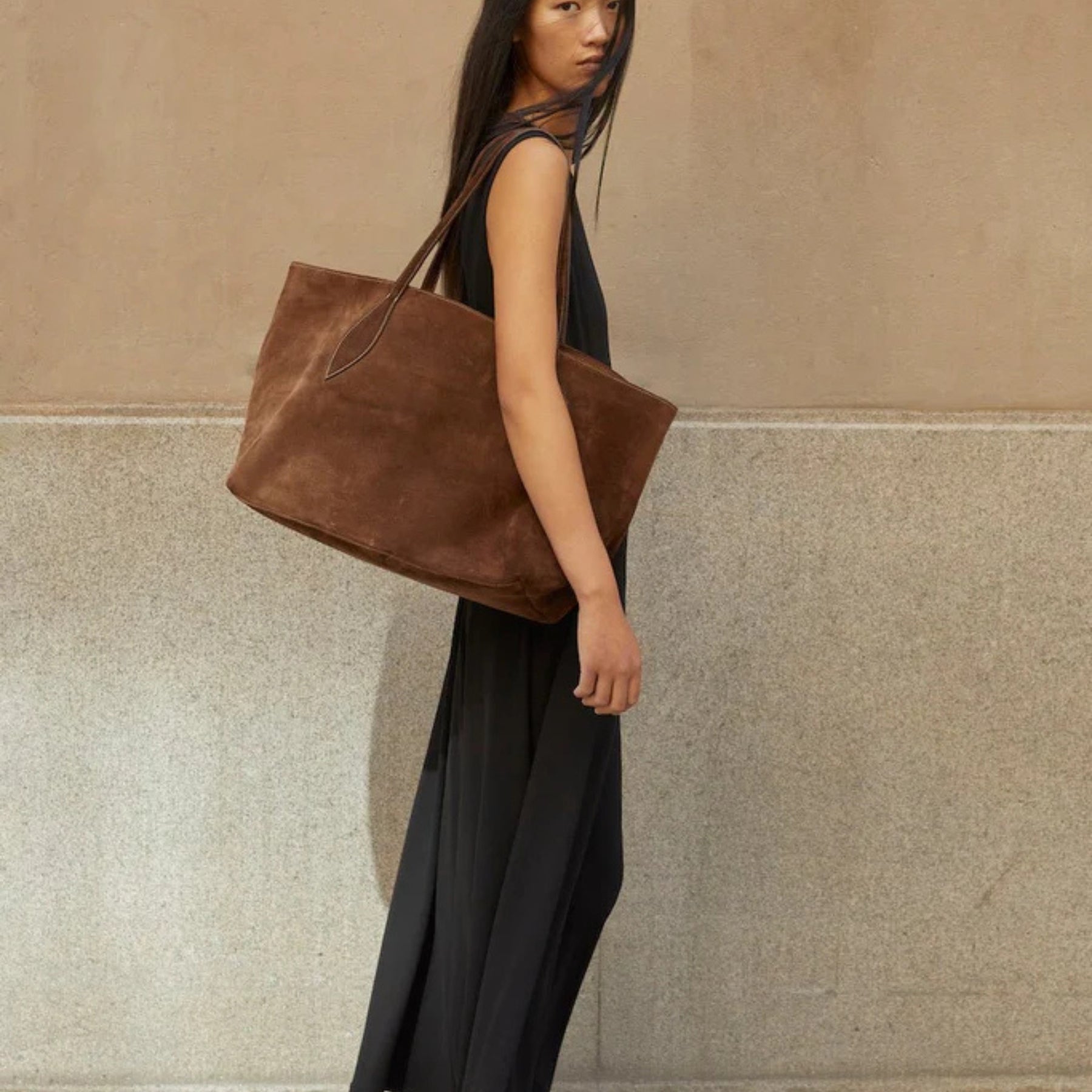 Liffner | Mega Sprout Tote in Dark Brown Suede | The UNDONE