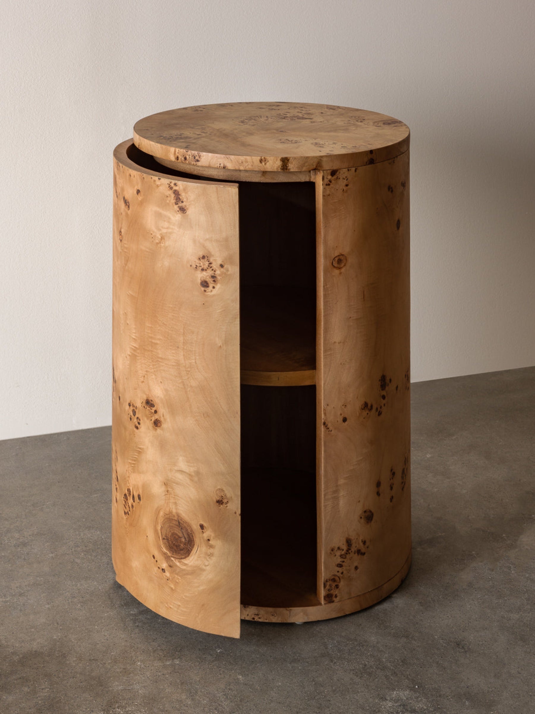 Rachel Donath Vernier Round Side Table in Burlwood at TheUNDONE