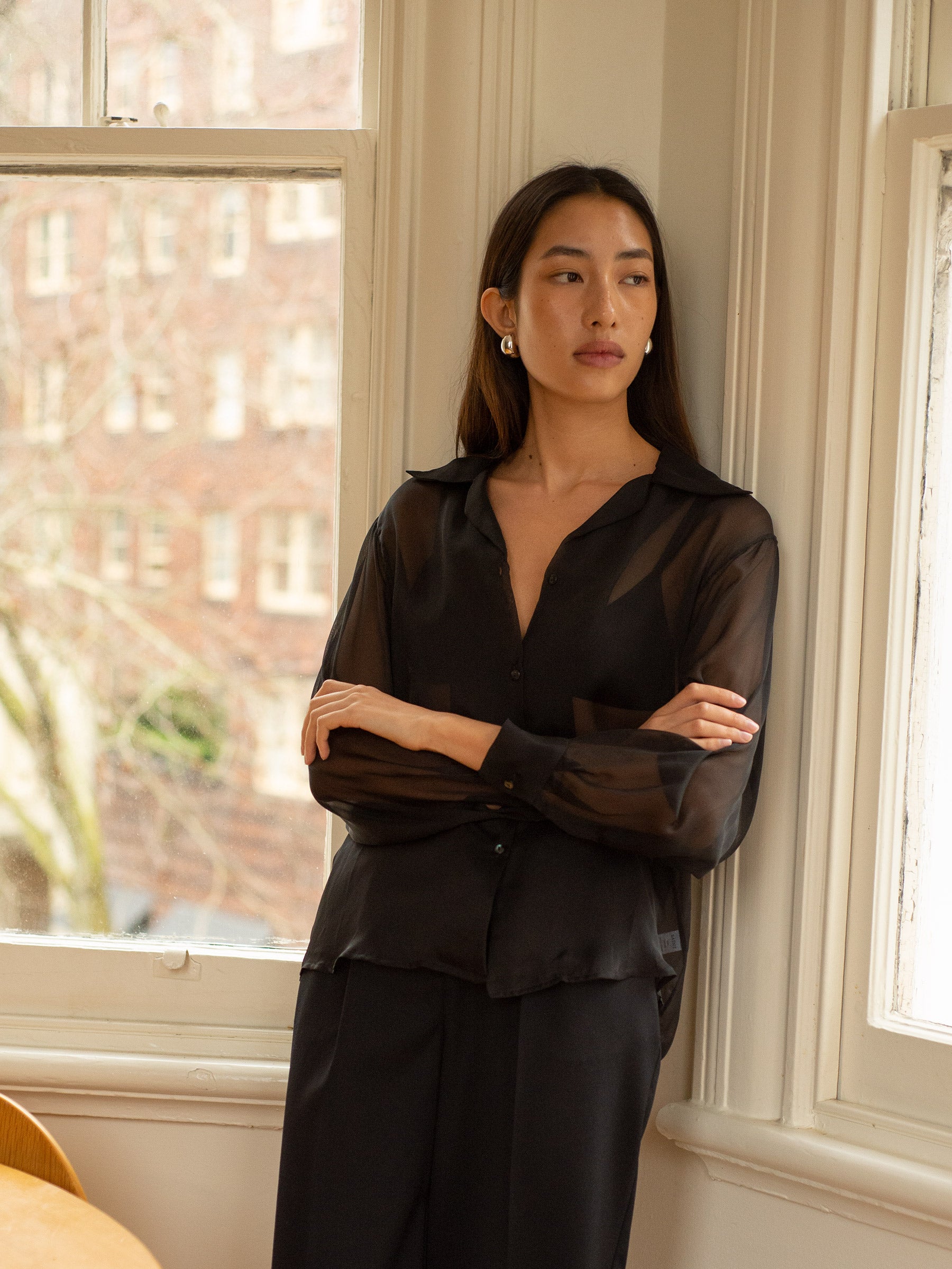 sheer dress shirt Satin Organza Contrast Sheer Dress Shirt