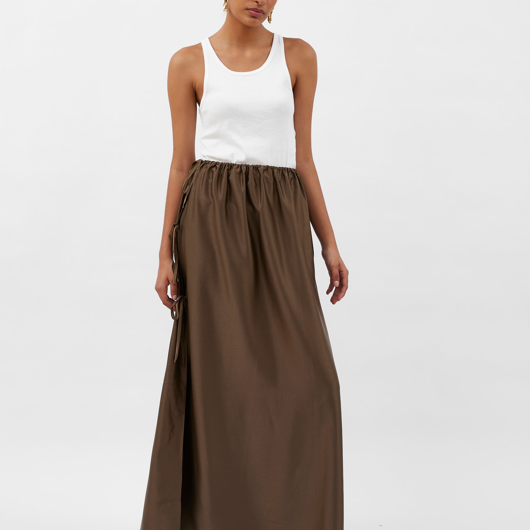 Solaqua | Lucia Tie Up Silk Skirt in Tobacco Brown | The UNDONE