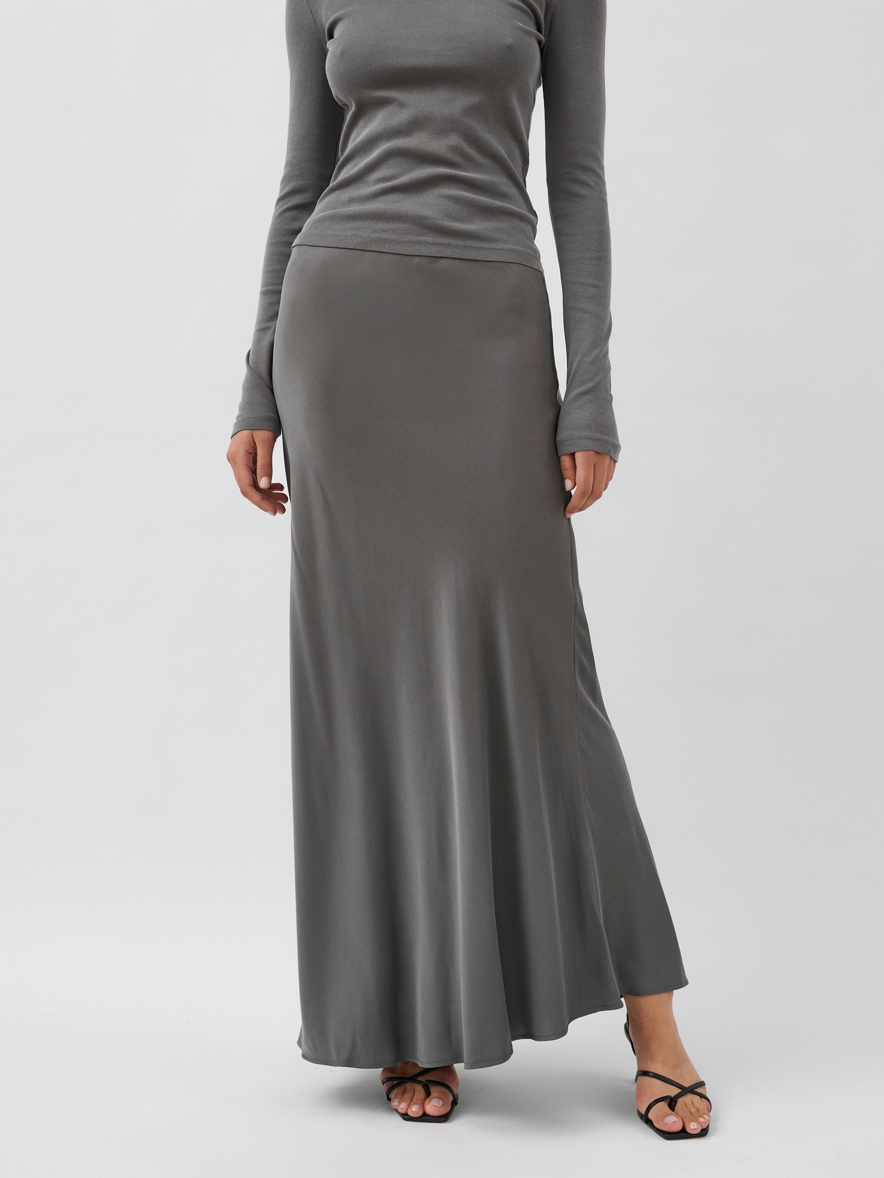 St. Agni | Soft Silk Maxi Skirt in Pewter Grey | The UNDONE