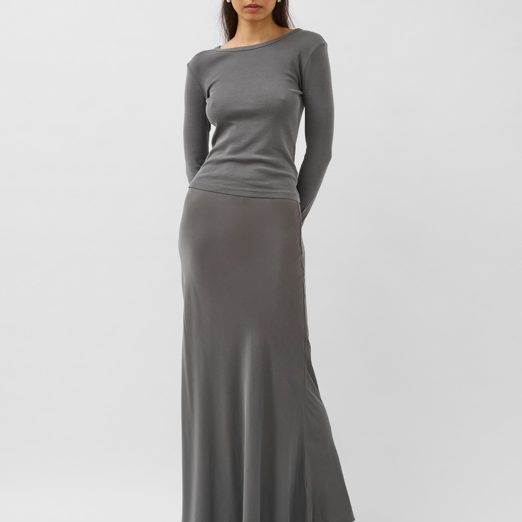 St. Agni | Soft Silk Maxi Skirt in Pewter Grey | The UNDONE