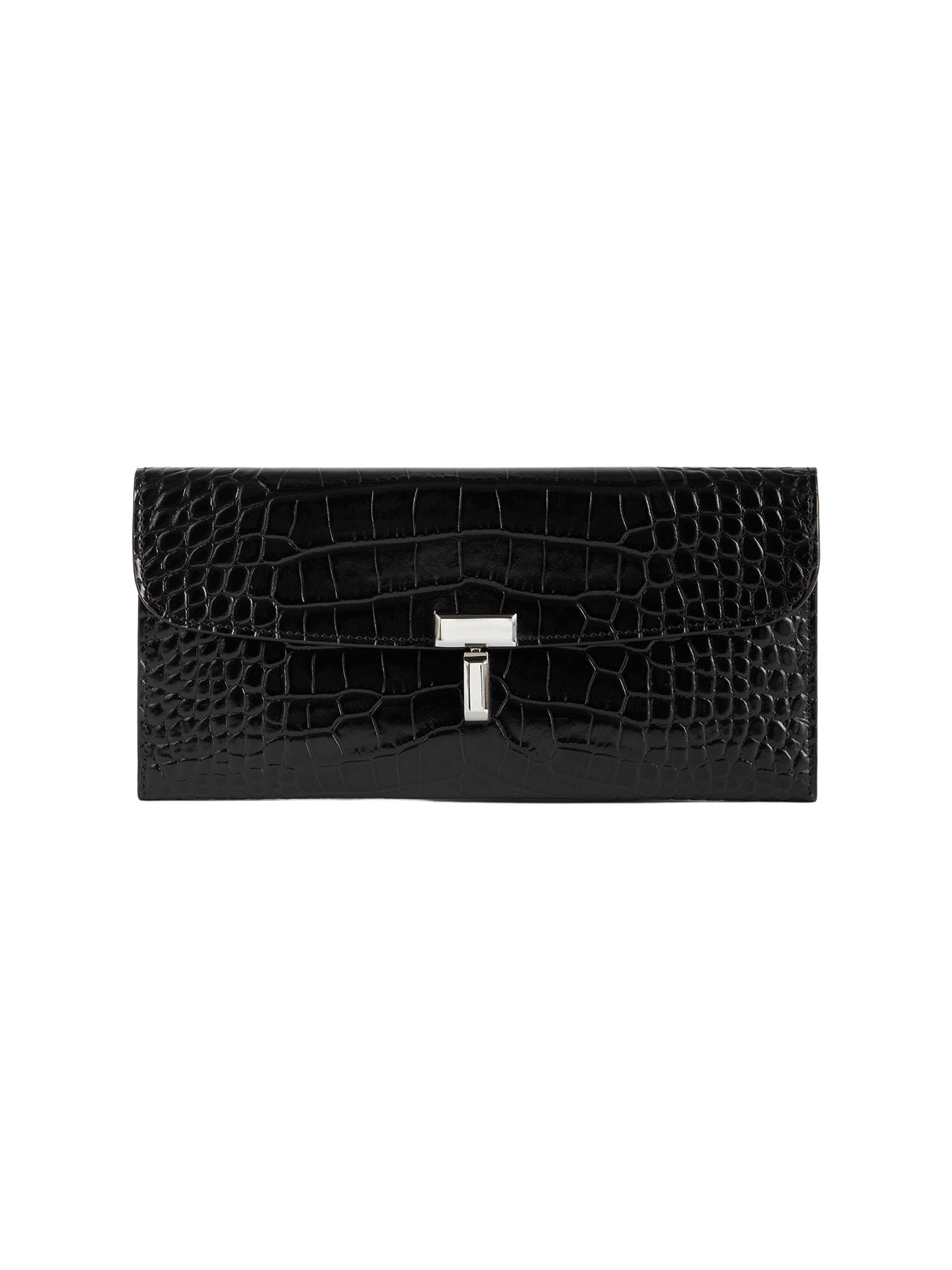 TOTEME | T-Lock Croco-Embossed Wallet in Black | The UNDONE