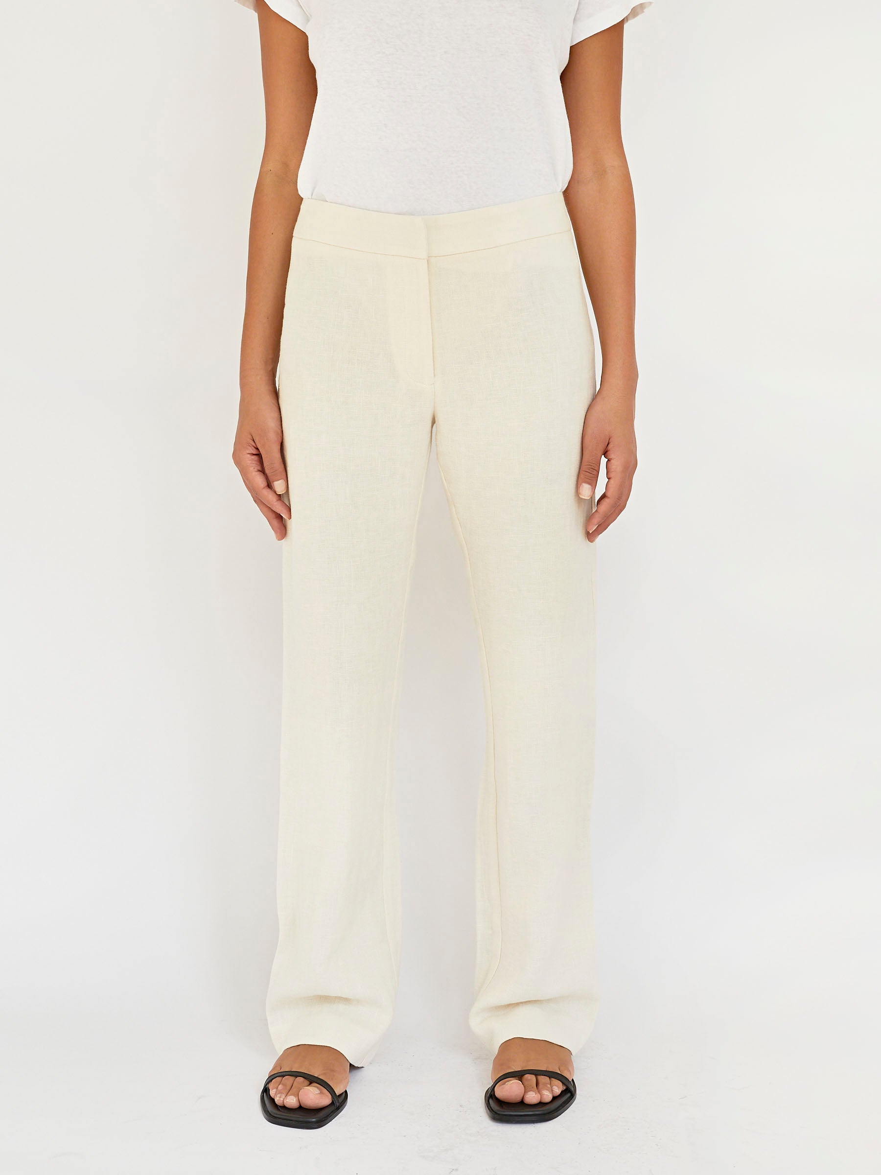 St. Agni | Linen Mid Rise Straight Pants in Ivory | The UNDONE