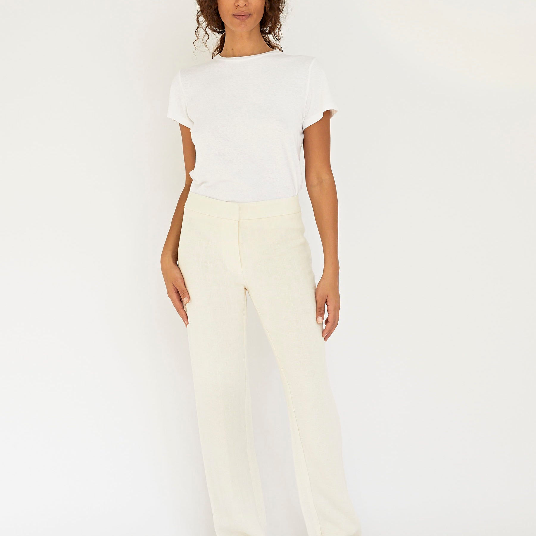 St. Agni | Linen Mid Rise Straight Pants in Ivory | The UNDONE