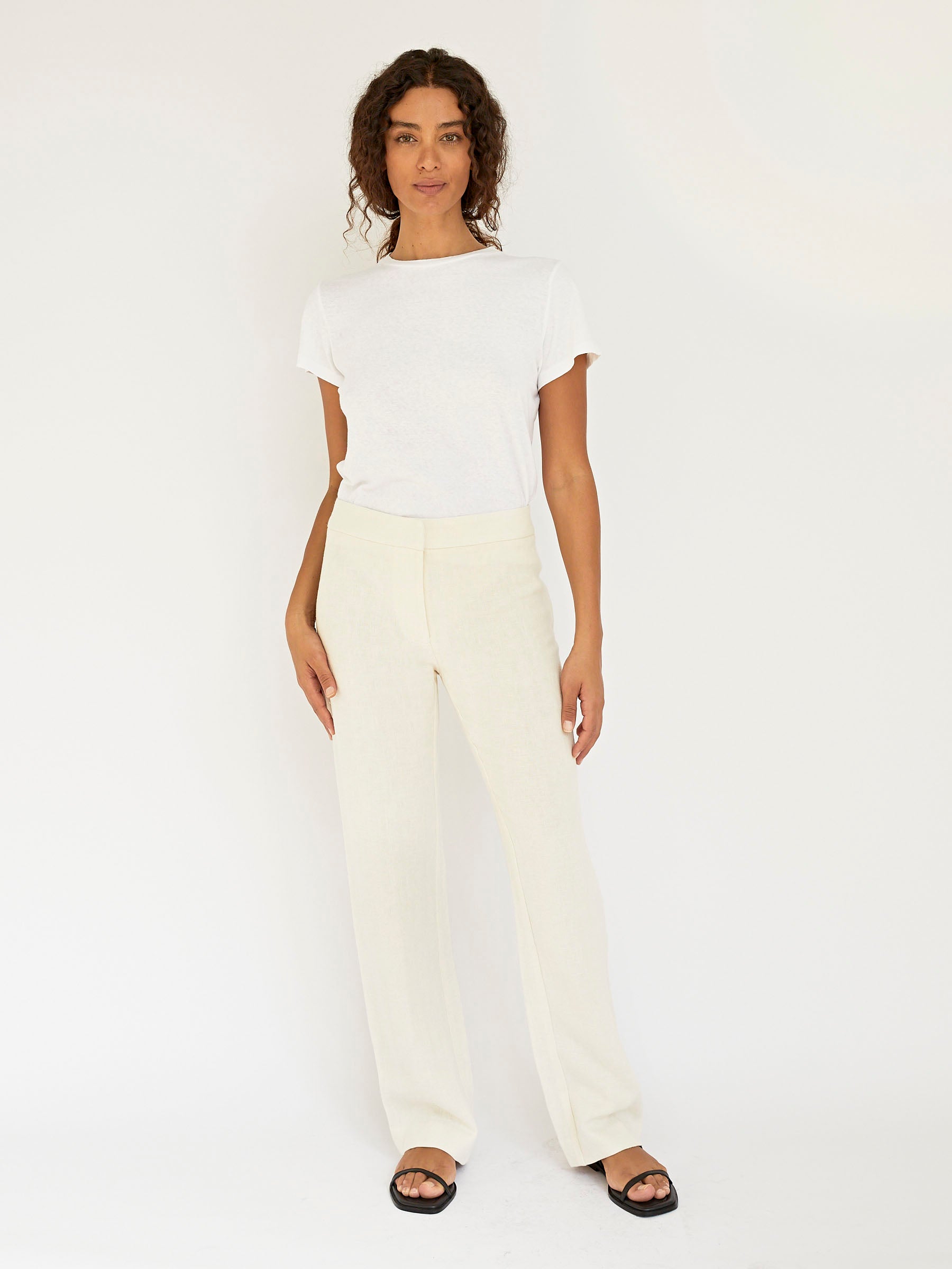 St. Agni | Linen Mid Rise Straight Pants in Ivory | The UNDONE