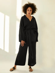 Deiji Studios | The 01 Linen Loungewear Set Long in Deep Black | The UNDONE