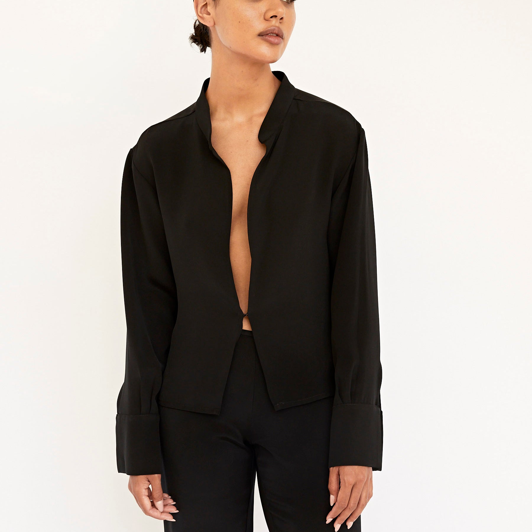 BEARE PARK | Silk Crepe Deep Split Blouse in Black | The UNDONE