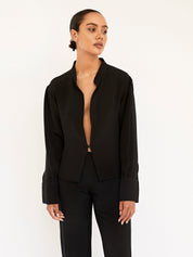 BEARE PARK | Silk Crepe Deep Split Blouse in Black | The UNDONE