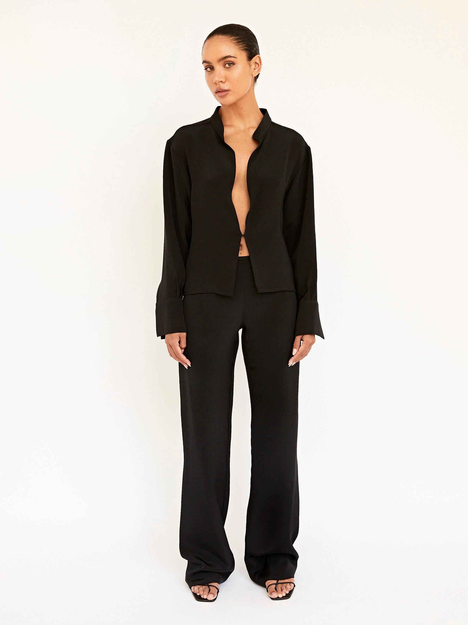 BEARE PARK | Silk Crepe Deep Split Blouse in Black | The UNDONE