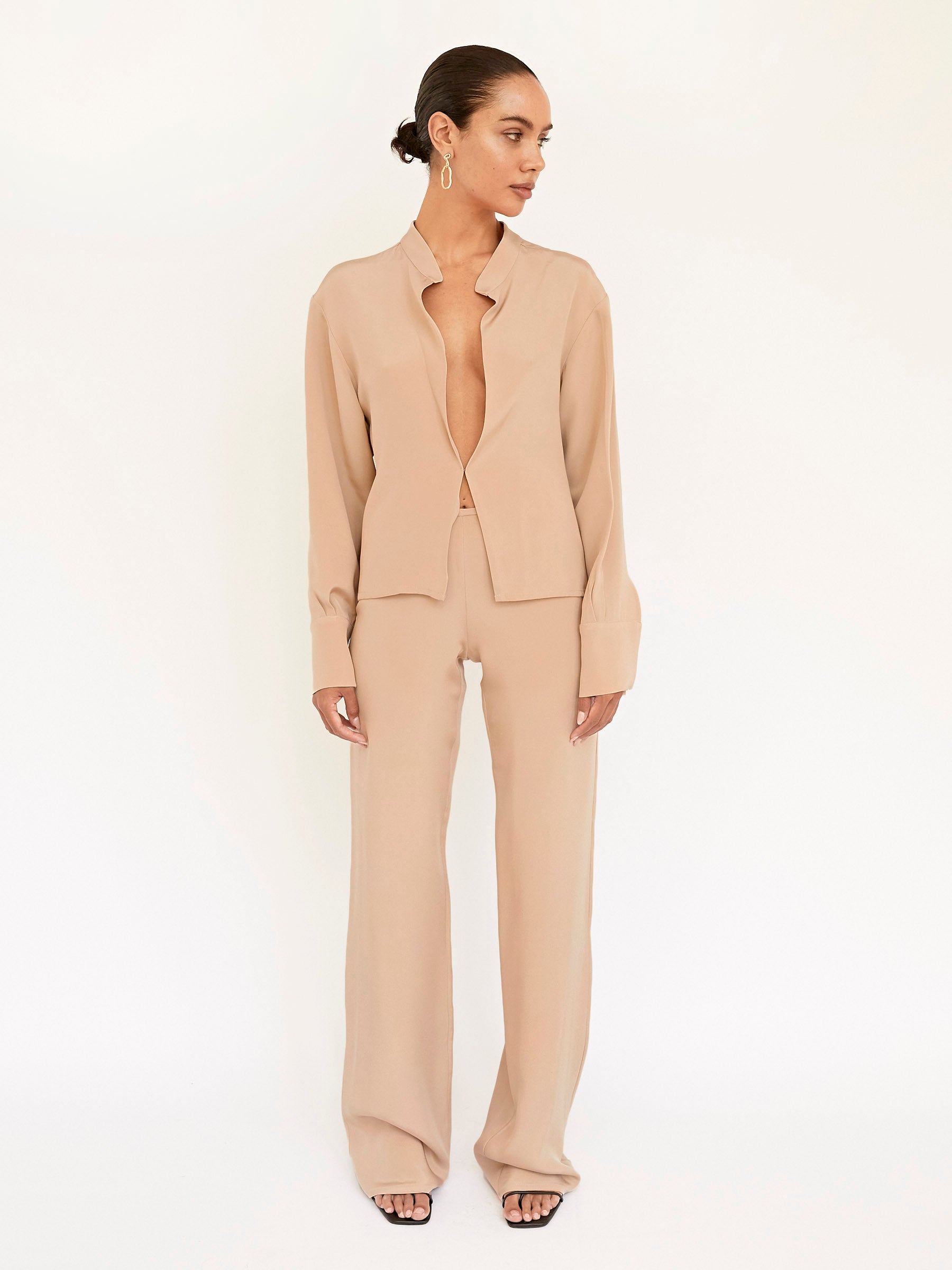 BEARE PARK | Silk Crepe Deep Split Blouse in Nude | The UNDONE