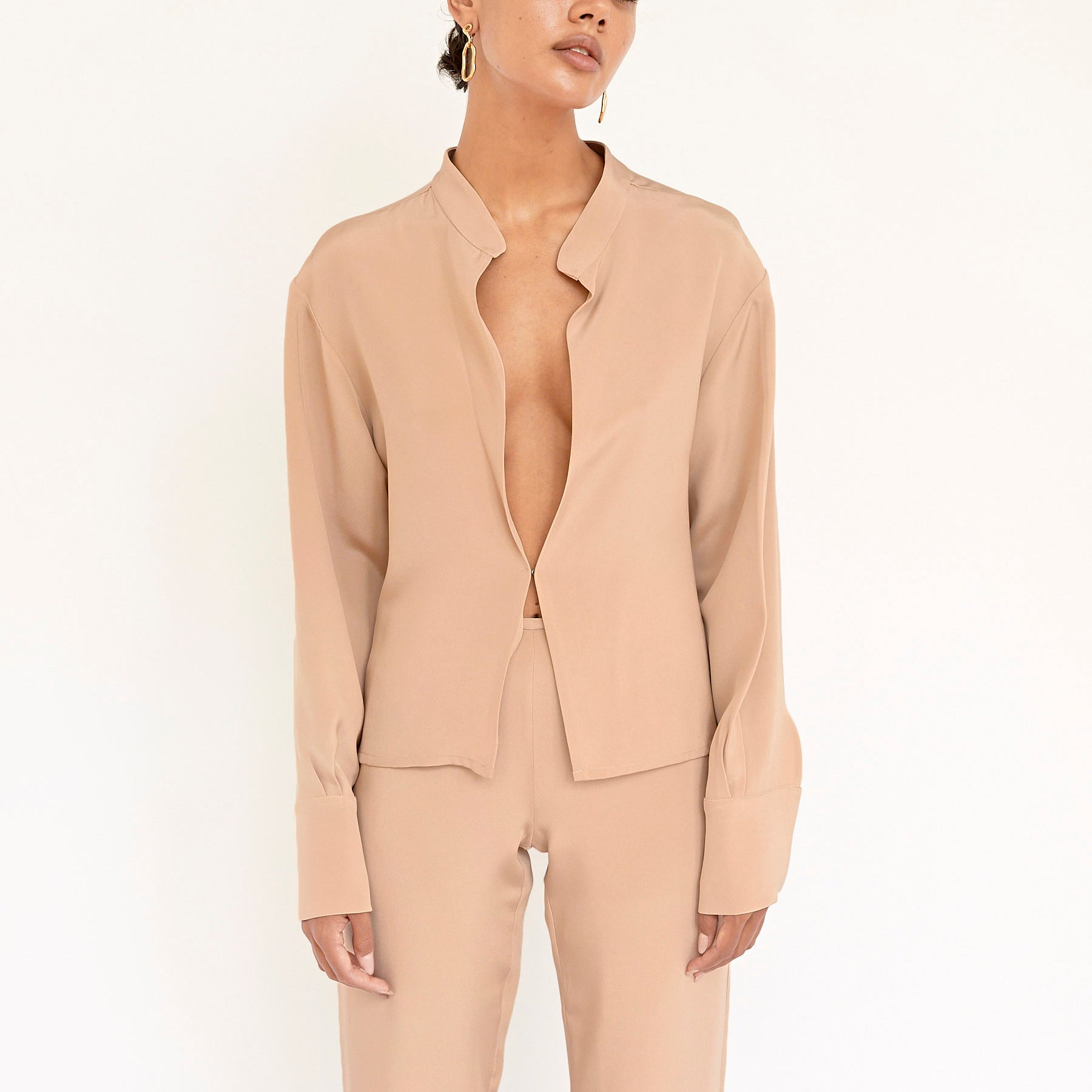 BEARE PARK | Silk Crepe Deep Split Blouse in Nude | The UNDONE