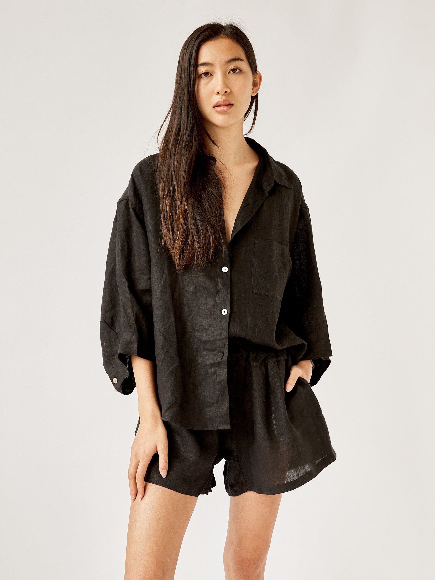 Deiji Studios Deep Black 03 Linen Loungewear Set Short The UNDONE