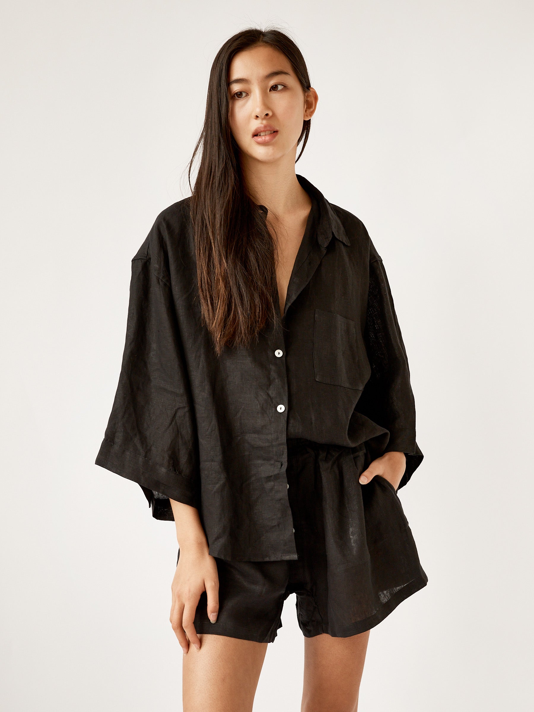 Deiji Studios Deep Black 03 Linen Loungewear Set Short The UNDONE