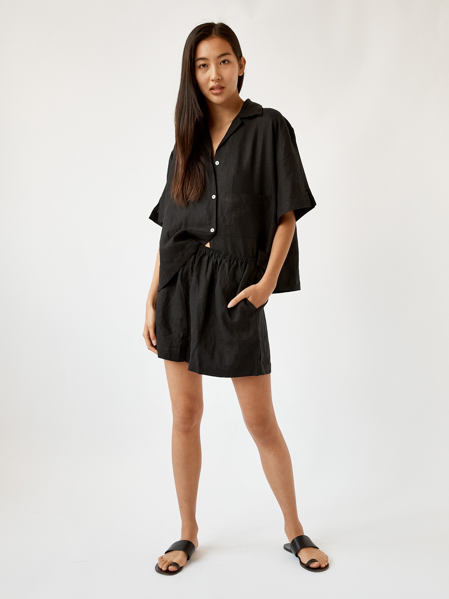 Deiji Studios | Short Sleeve Short Set in Deep Black | The UNDONE