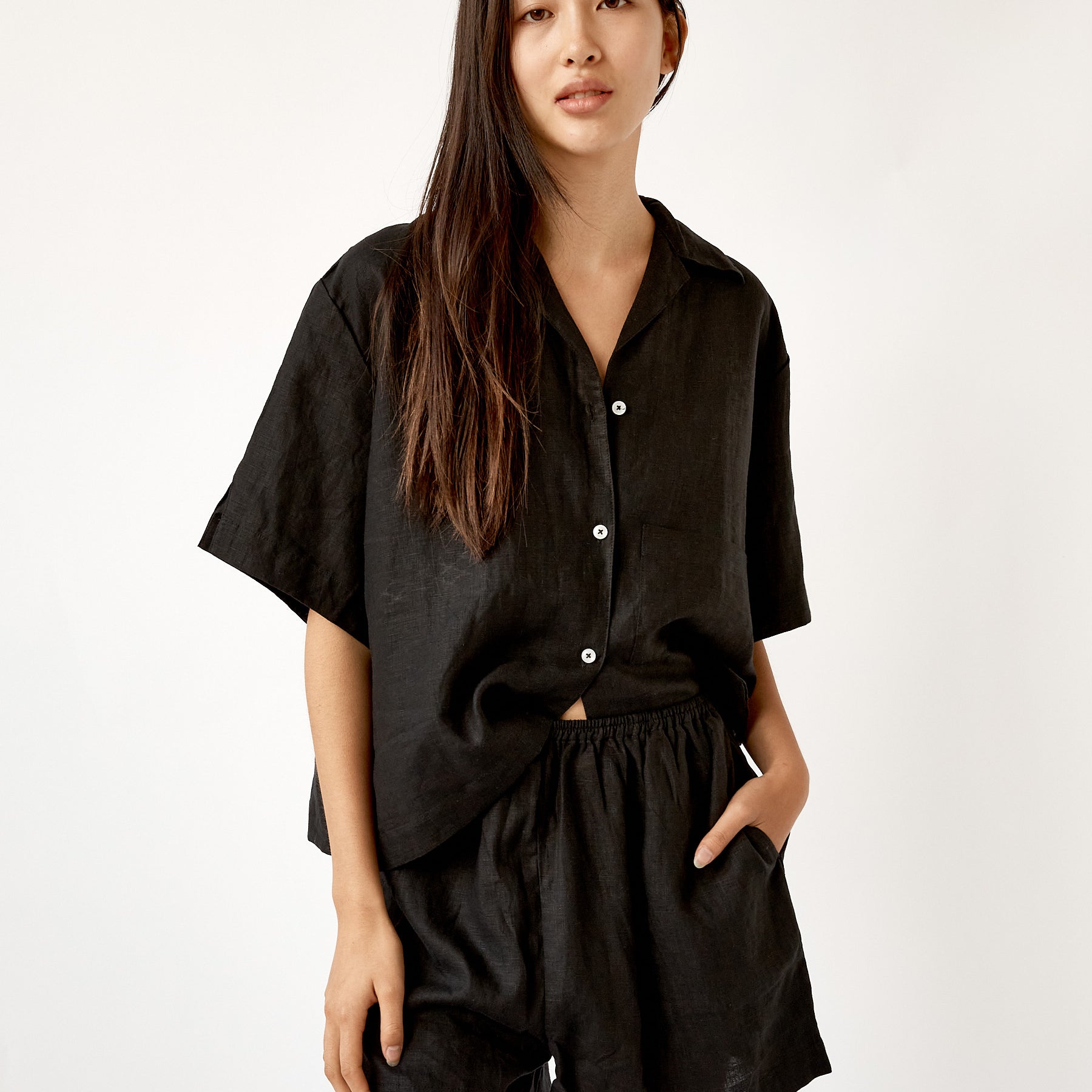 Deiji Studios | Short Sleeve Short Set in Deep Black | The UNDONE