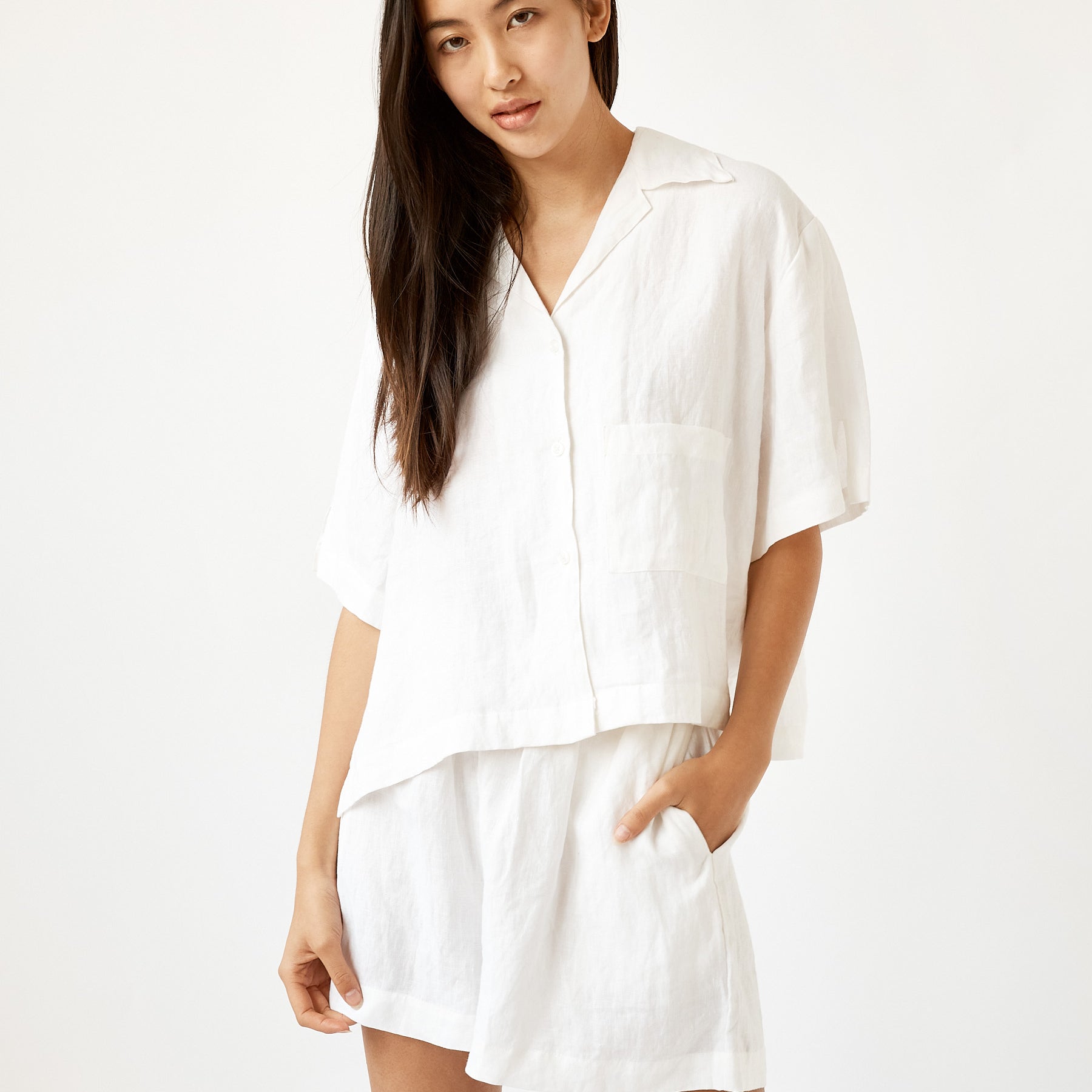 Deiji Studios | Short Sleeve Short Set in White | The UNDONE
