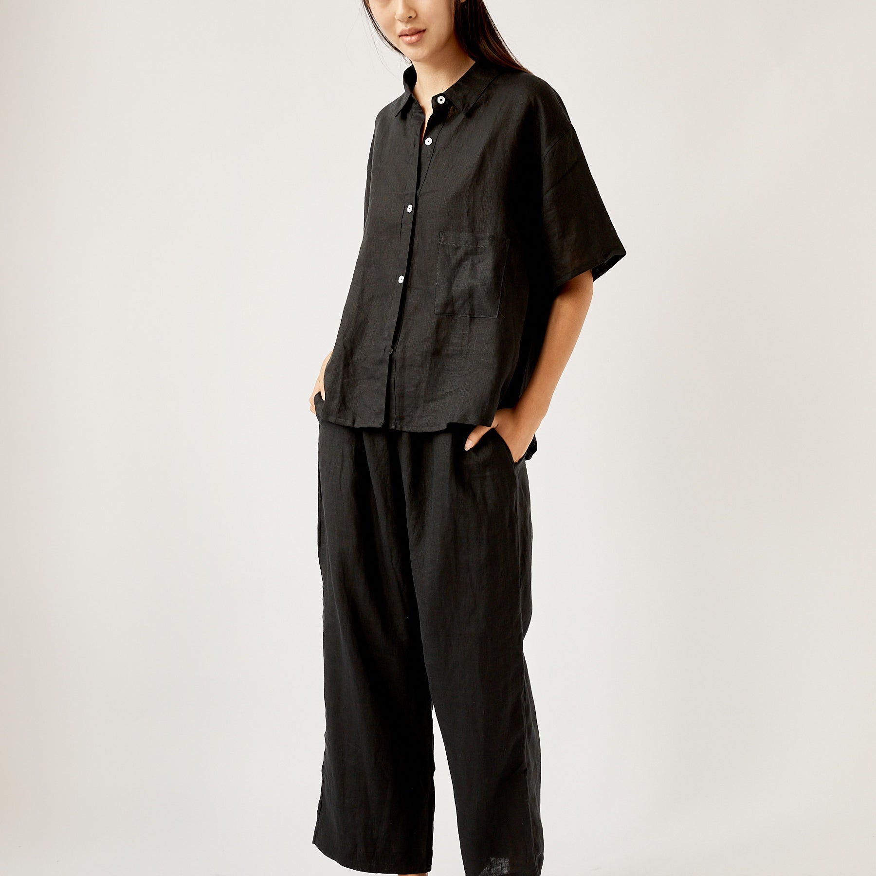 Deiji Studios | Short Sleeve Long Set in Deep Black | The UNDONE