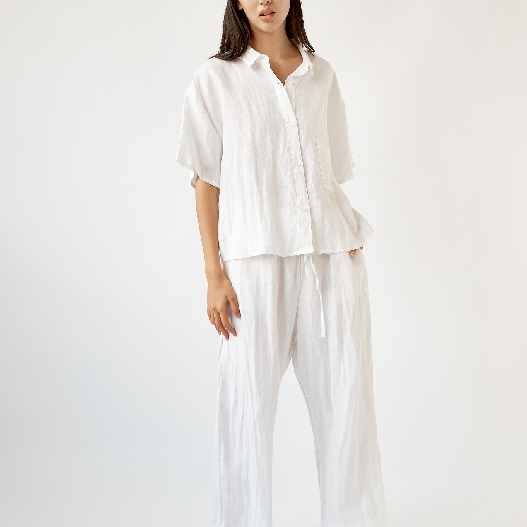 Deiji Studios | Short Sleeve Long Set in White | The UNDONE