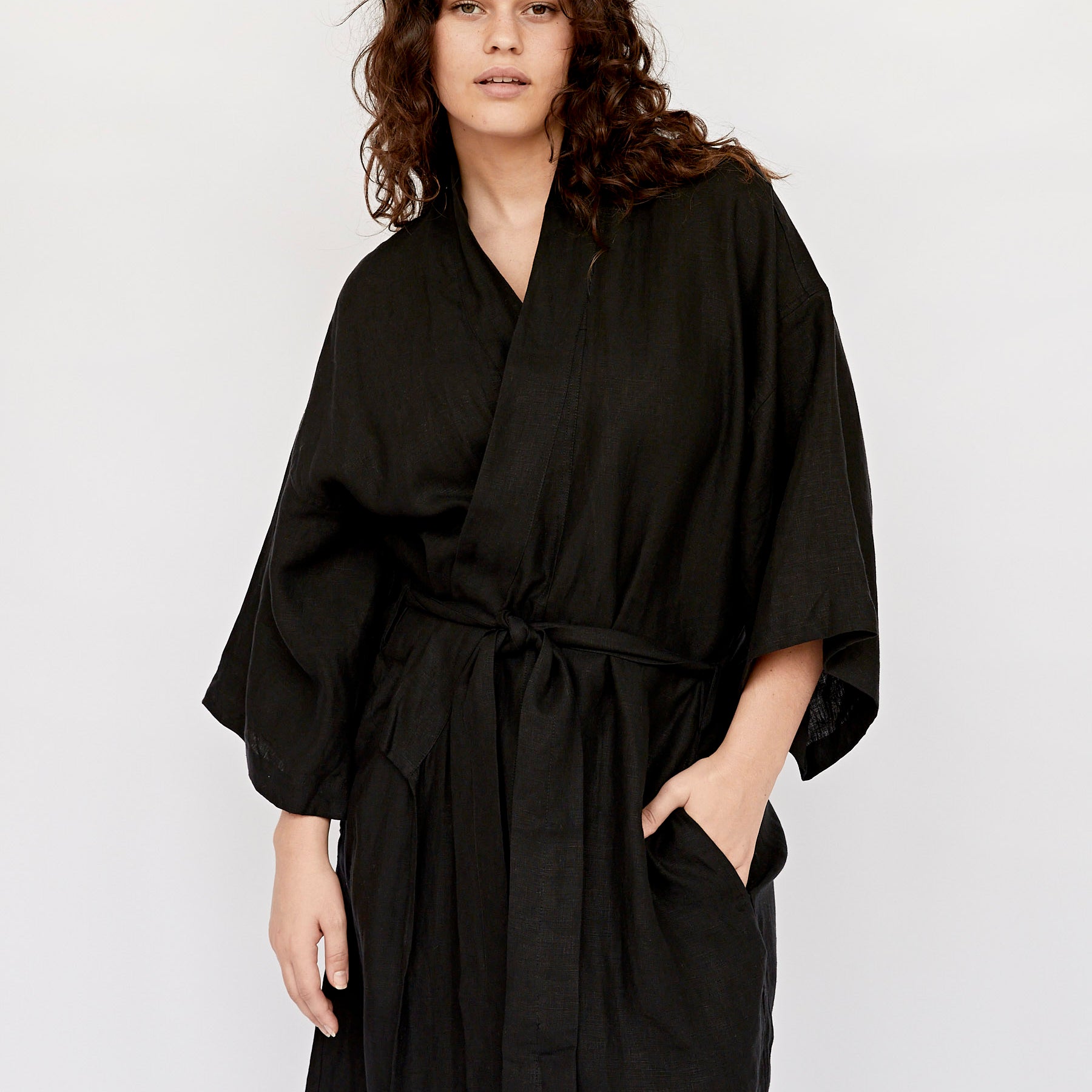 Deiji Studios | Black Full Length Linen Robe | The UNDONE