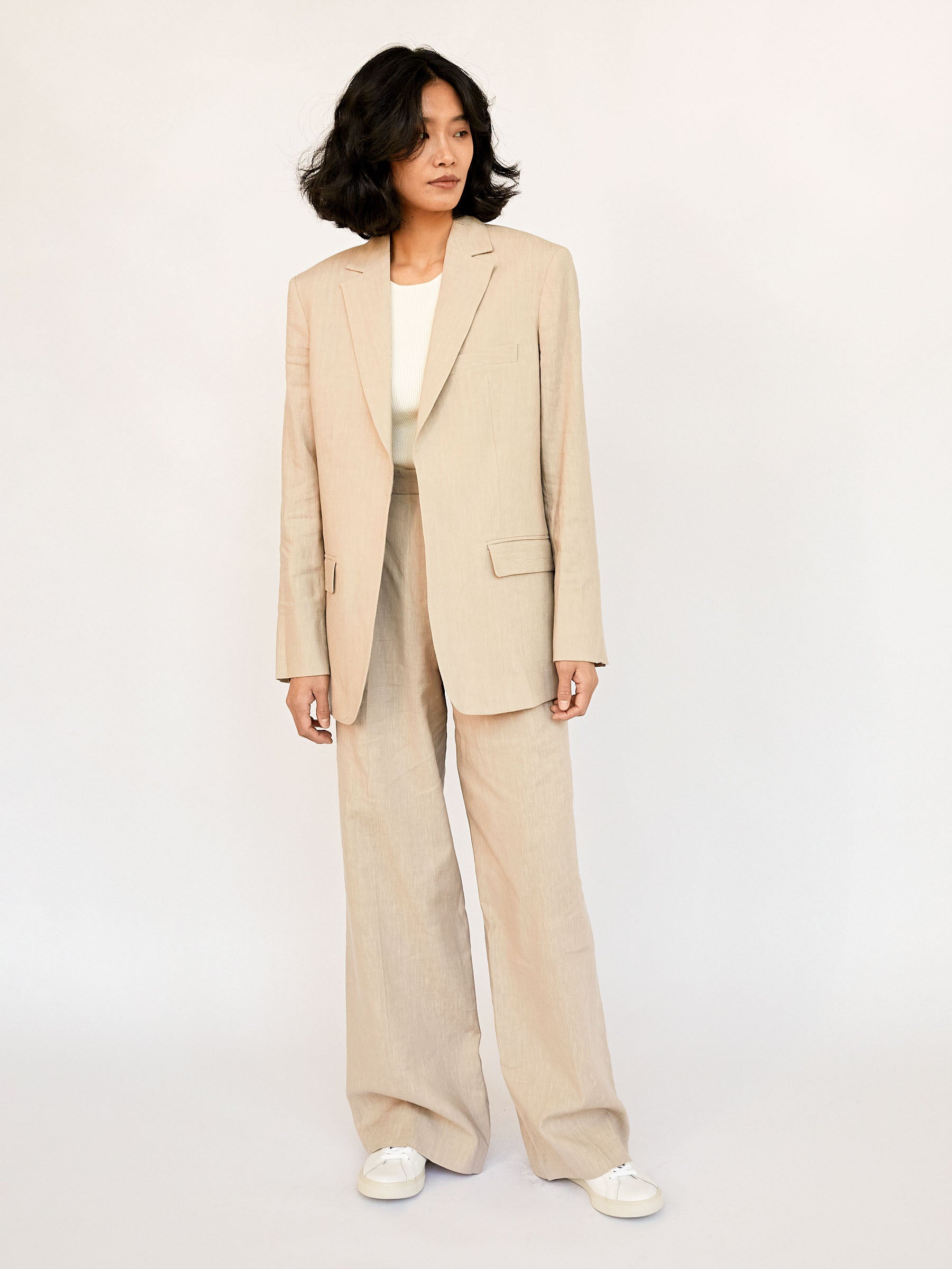 Beige linen high waisted pleated Dress Trousers