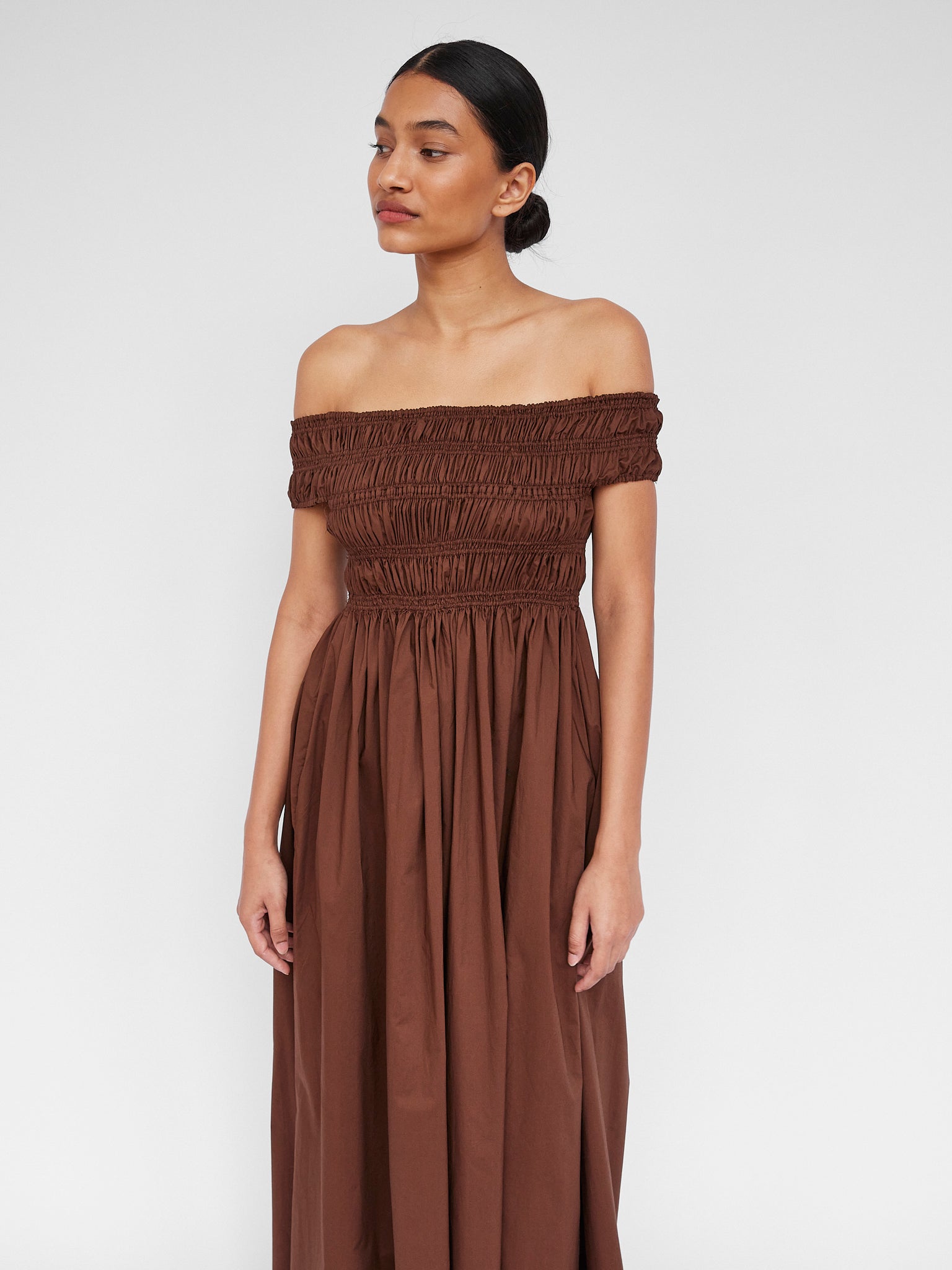 Shirred off shoulder dress top