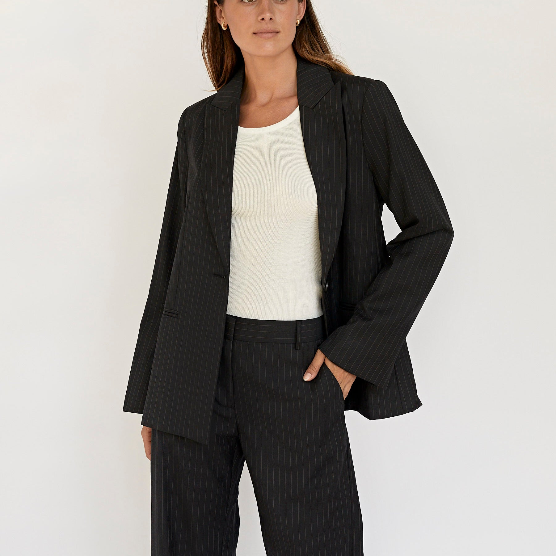St. Agni | Pinstripe Oversized Blazer in Black | The UNDONE