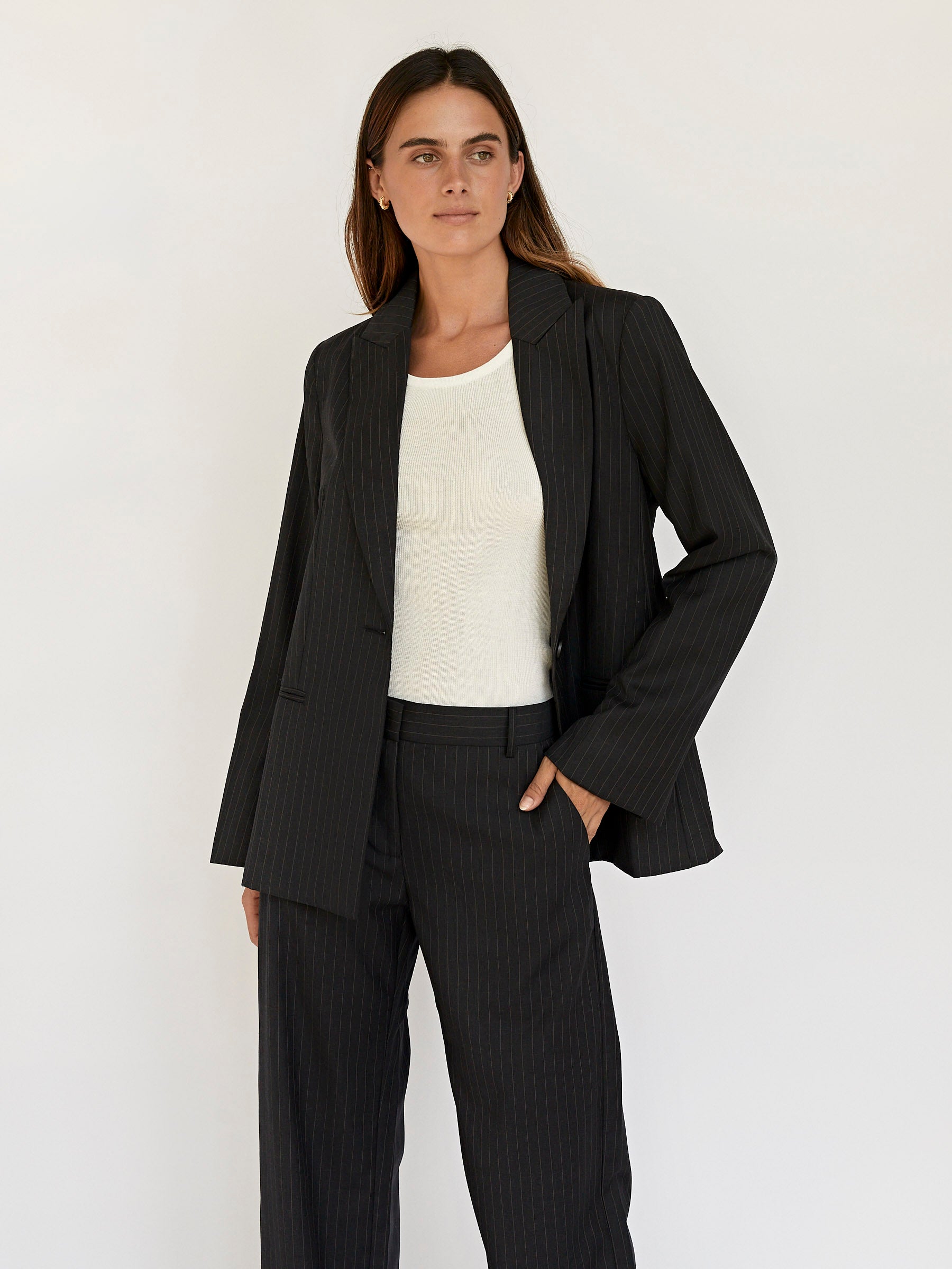 St. Agni | Pinstripe Oversized Blazer in Black | The UNDONE