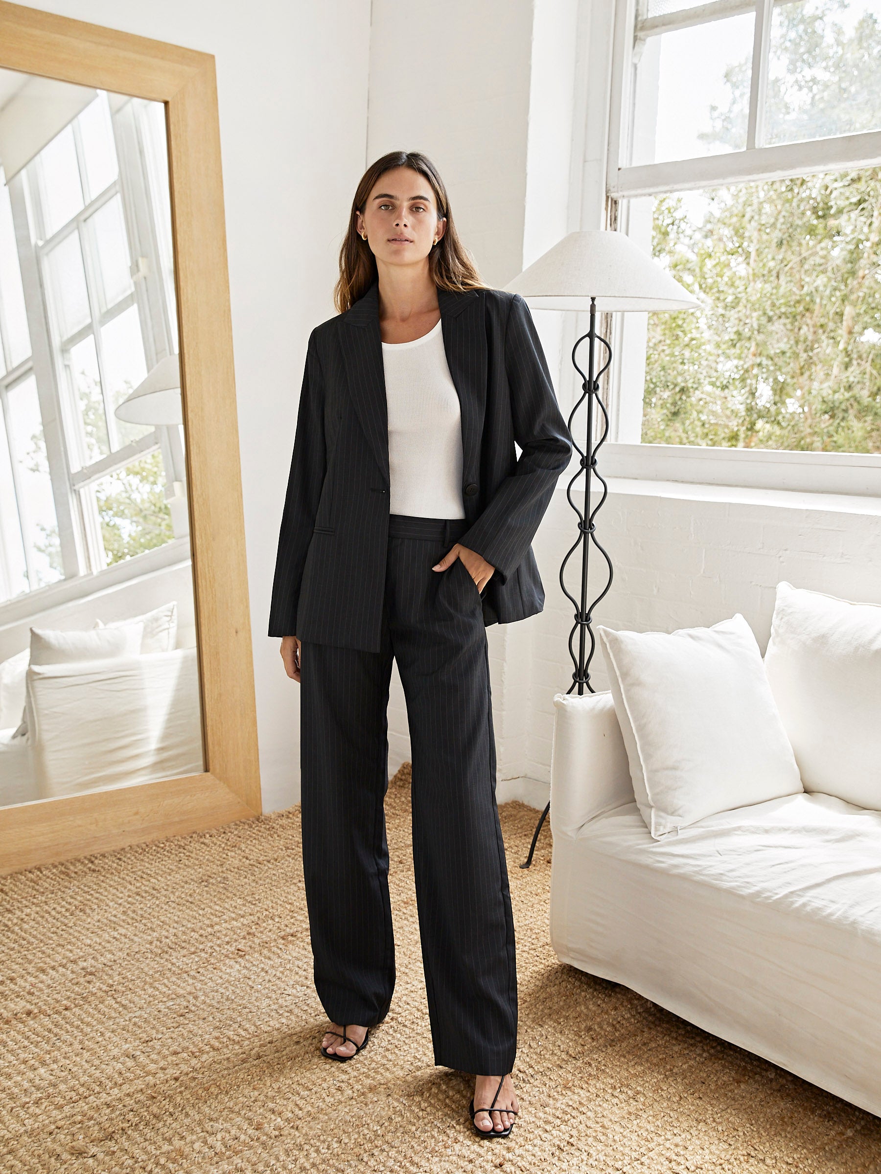 St. Agni | Pinstripe Tailored Trouser in Black | The UNDONE