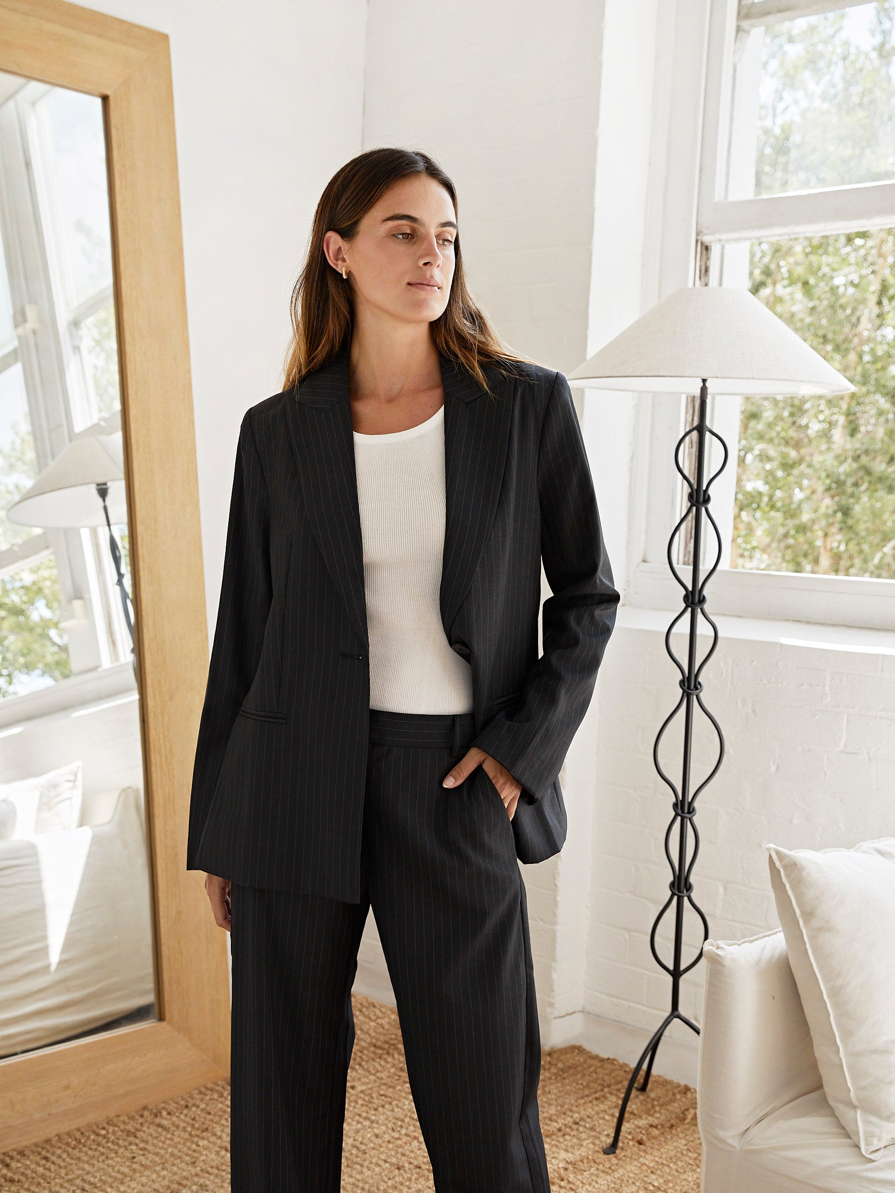 St. Agni | Pinstripe Oversized Blazer in Black | The UNDONE