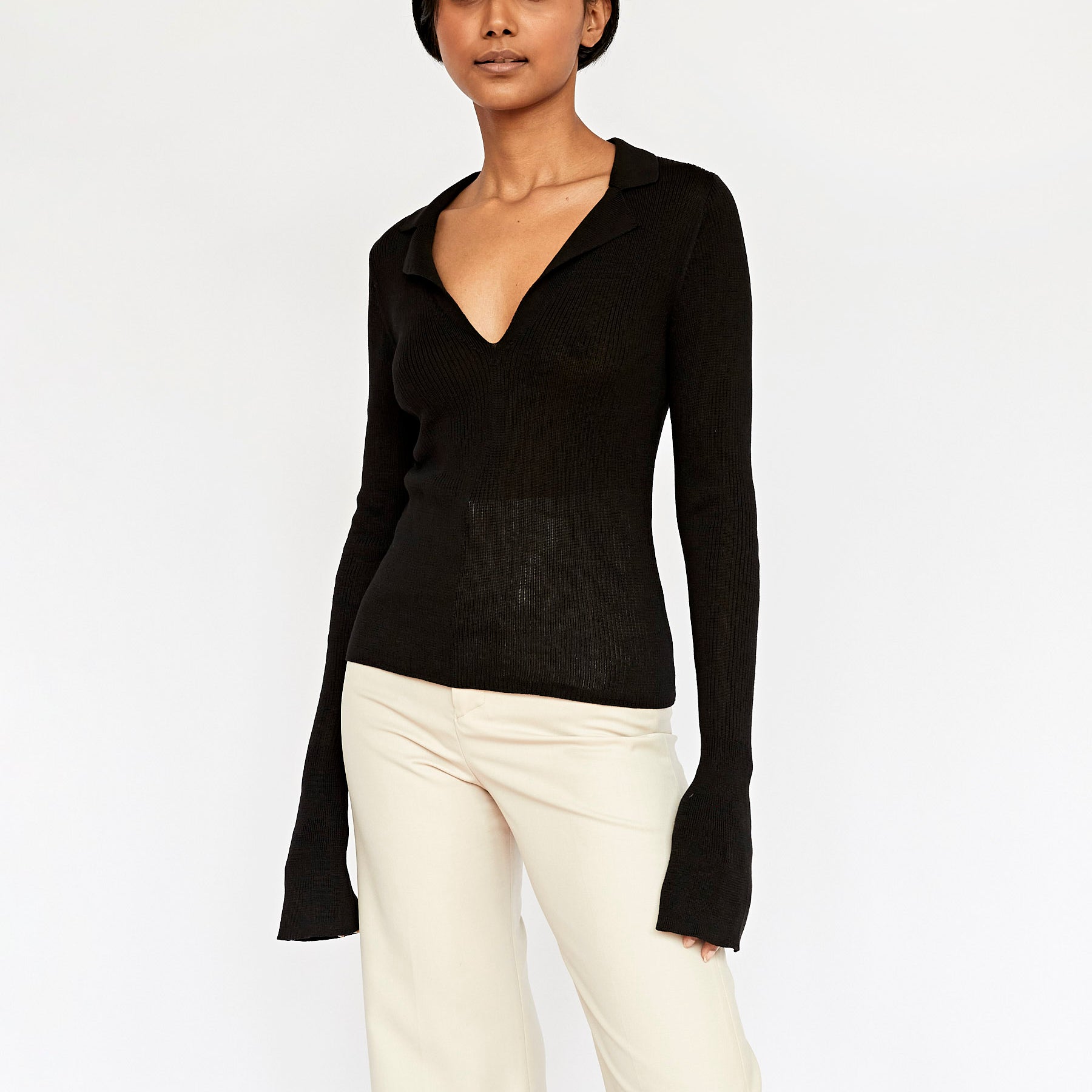 St. Agni | Rib Knit Polo Top in Black | The UNDONE