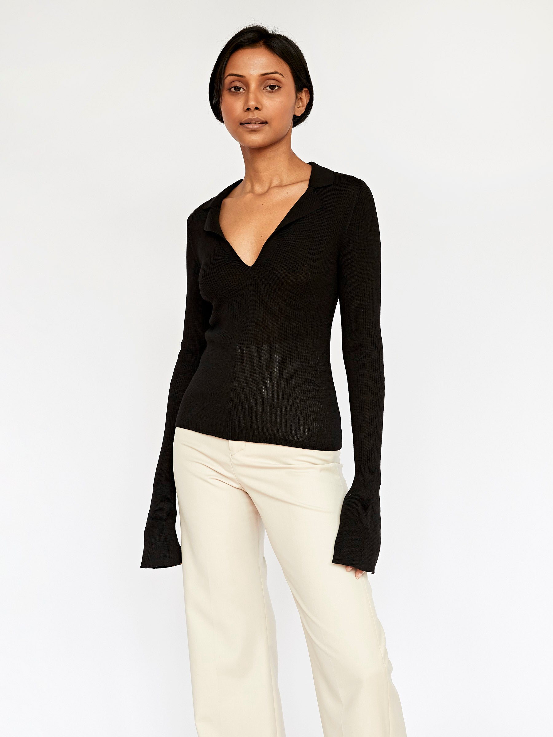 St. Agni | Rib Knit Polo Top in Black | The UNDONE