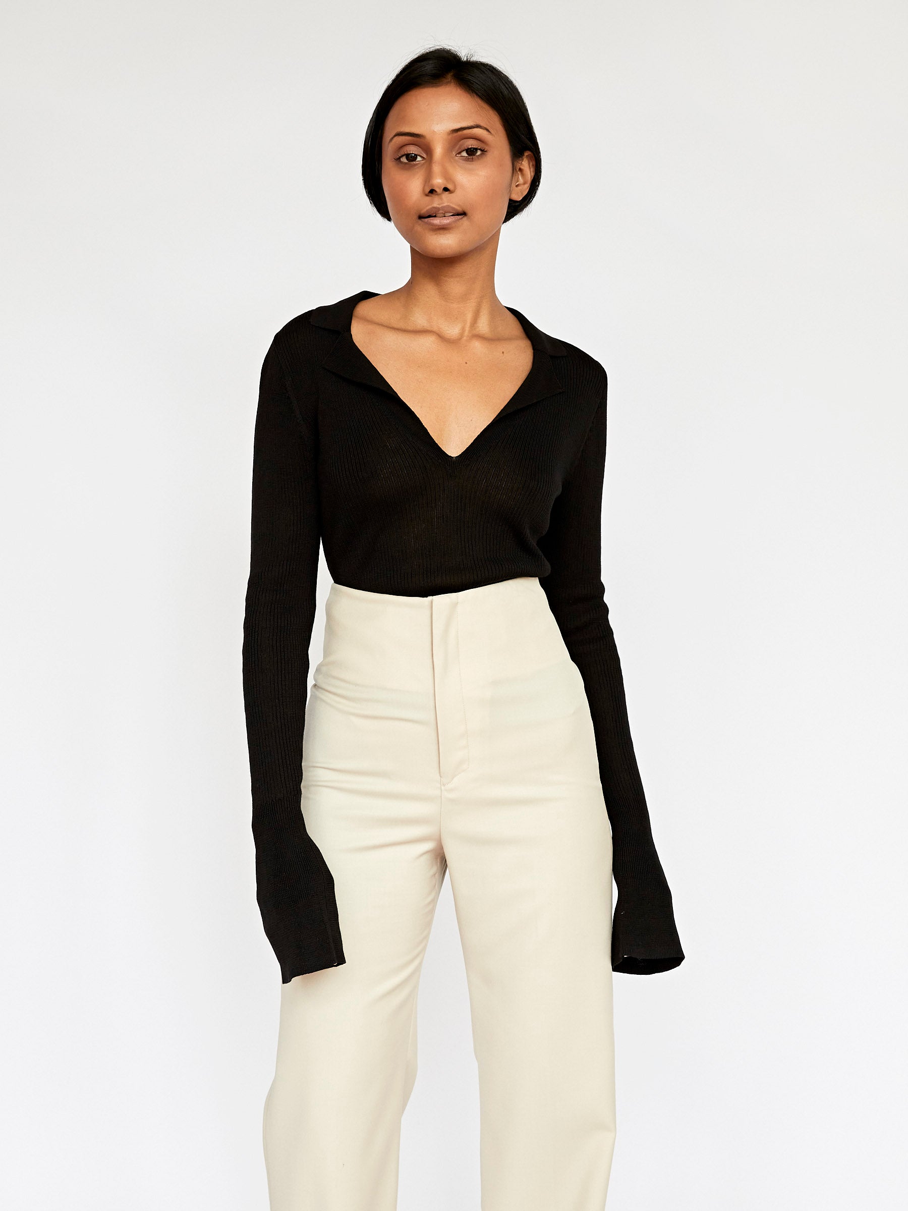 St. Agni | Rib Knit Polo Top in Black | The UNDONE